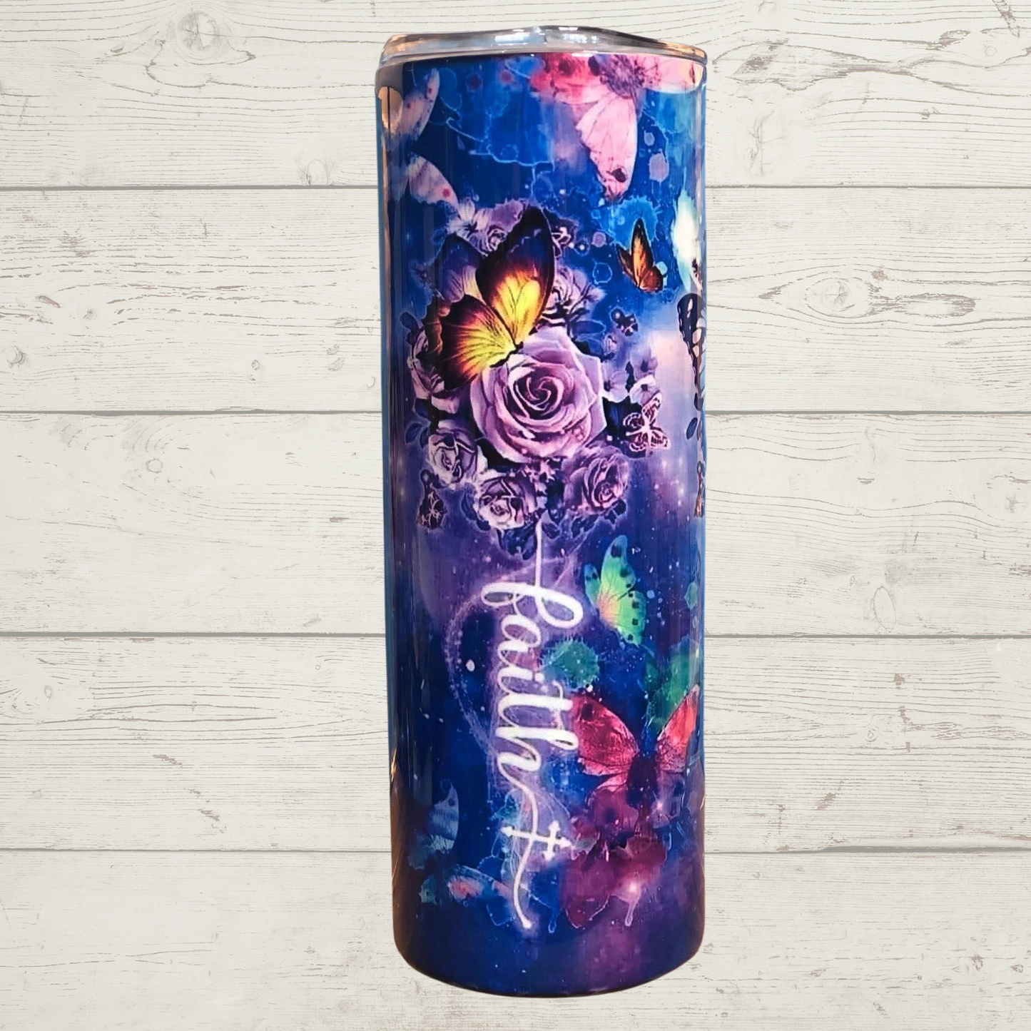 Faith, Hope, Love, Butterflies, Roses with High Defintion Purple Pink and Multicolor Image on a 20 oz Stainless Steel Skinny Sublimation Tumbler with Lid and Straw