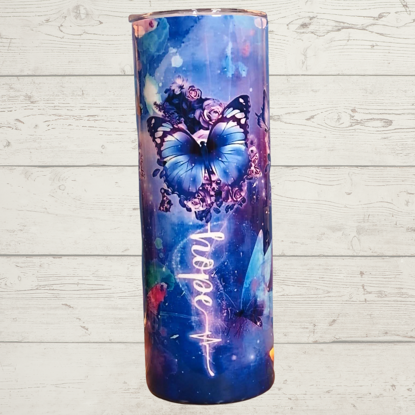 Faith, Hope, Love, Butterflies, Roses with High Defintion Purple Pink and Multicolor Image on a 20 oz Stainless Steel Skinny Sublimation Tumbler with Lid and Straw