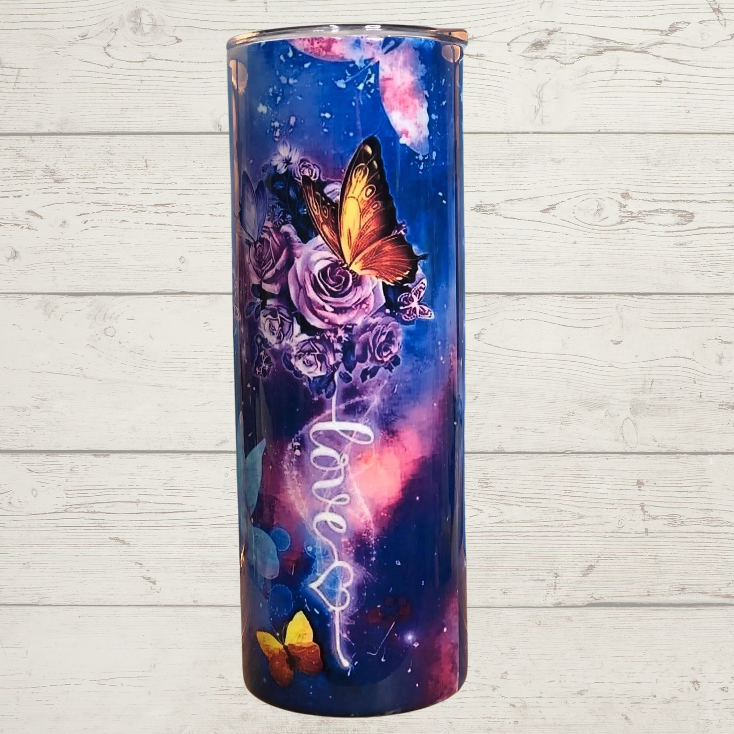 Faith, Hope, Love, Butterflies, Roses with High Defintion Purple Pink and Multicolor Image on a 20 oz Stainless Steel Skinny Sublimation Tumbler with Lid and Straw