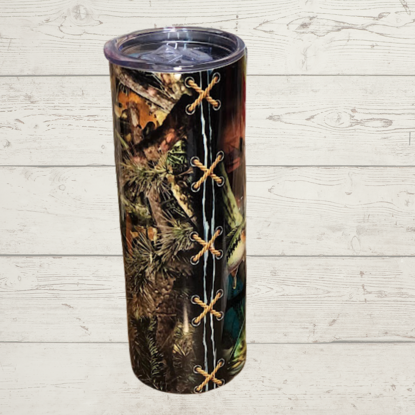 Bass/Fishing/Camoflauge 20 oz skinny sublimation tumbler vivid Detail image of several bass with one breaking through water with fisherman and boat floating on water in background