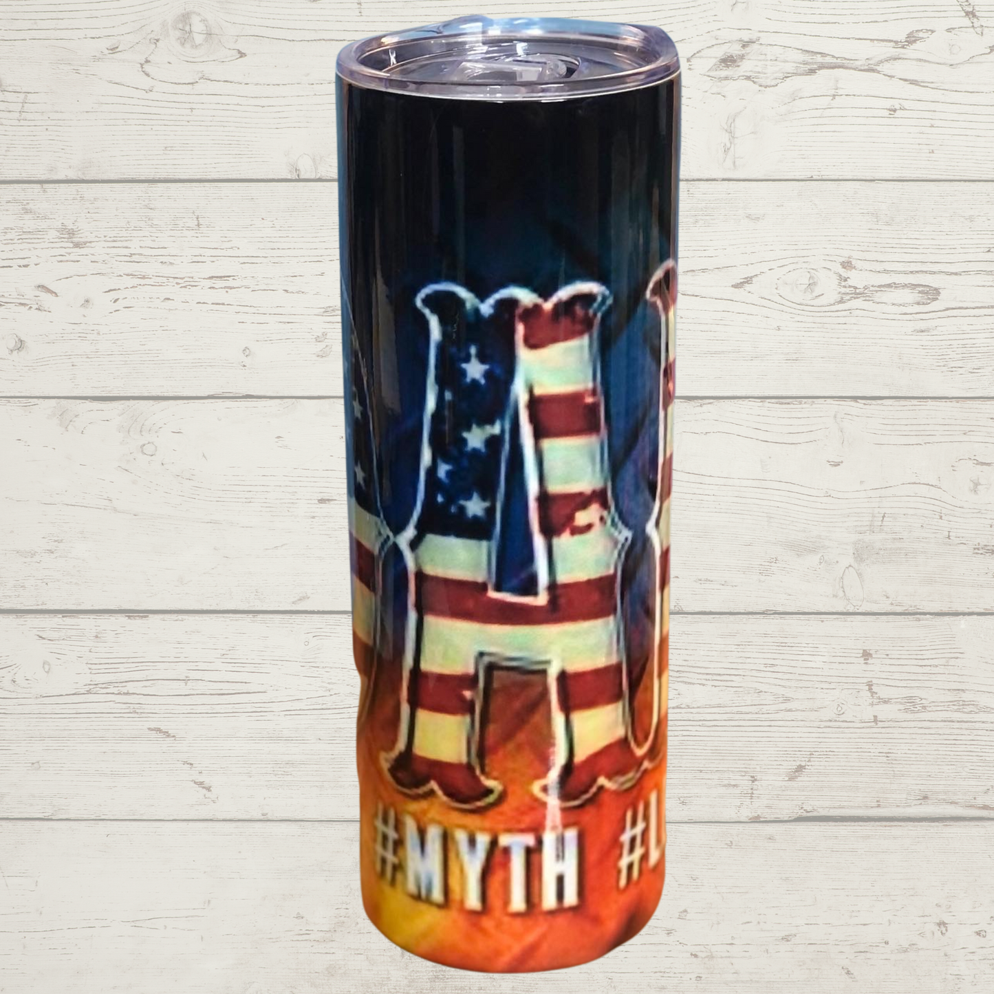 DAD #MANMYTHLEGEND 20 oz Sublimation Skinny Tumbler Black Blue and Orange Background with American Flag Red White and Blue D A D # Man Myth Legend High Defintion Quality Images on Quality Tumblers
