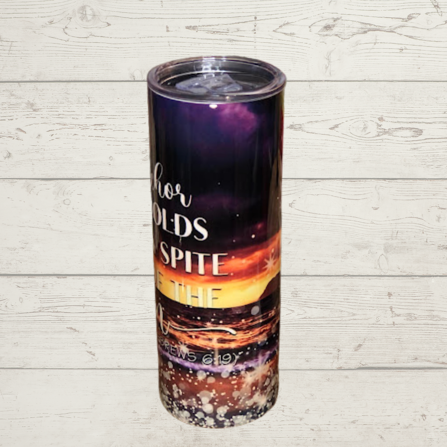 Storm over water Purple and Black with Anchor Text The Anchor Holds in spite of The Storm Vivid High Definition Image on a Quality Tumbler/Mug/Cup with Lid and Stainless Reusable Straw Farm-Lite Candles Custom Gifts and More