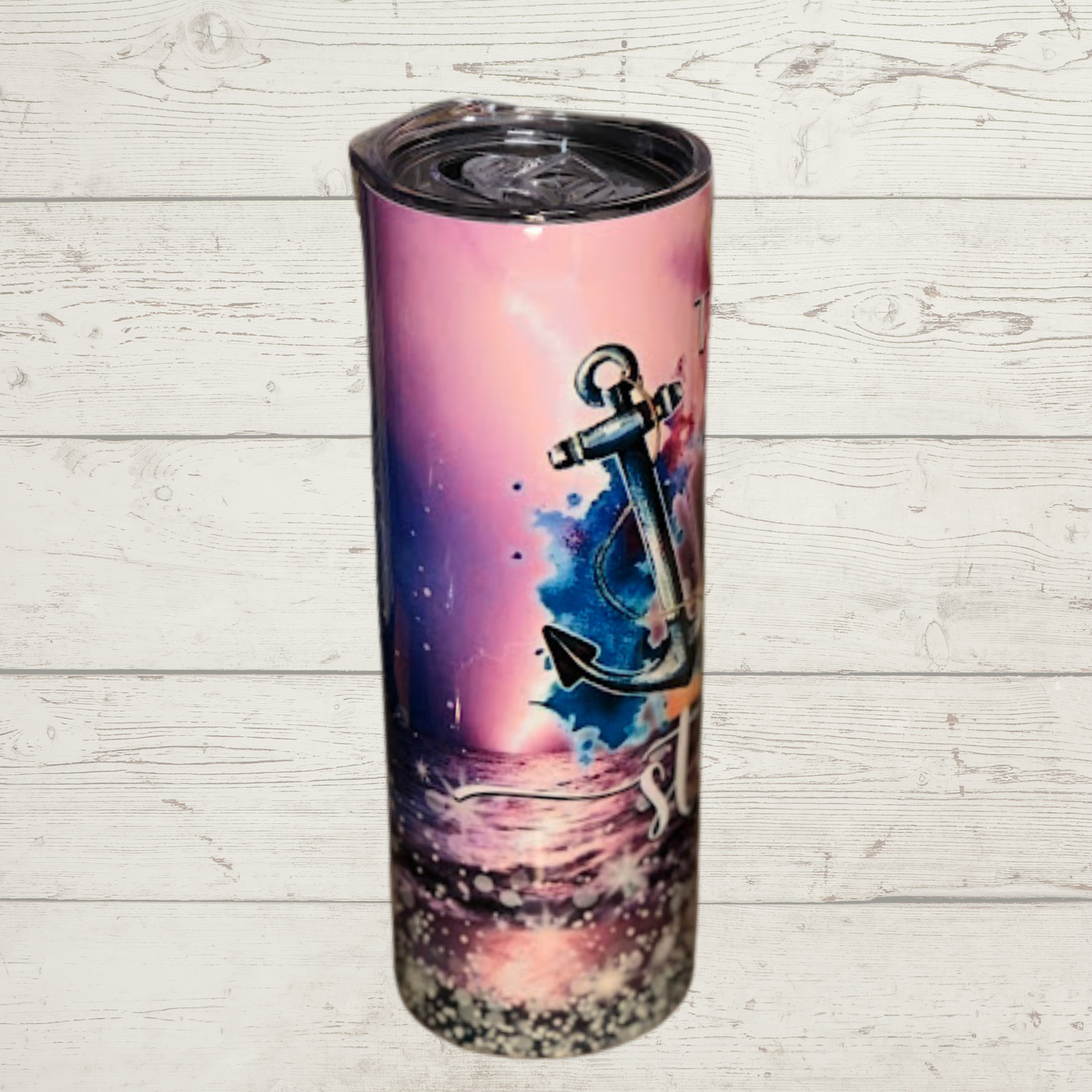 Storm over water Purple and Black with Anchor Text The Anchor Holds in spite of The Storm Vivid High Definition Image on a Quality Tumbler/Mug/Cup with Lid and Stainless Reusable Straw Farm-Lite Candles Custom Gifts and More
