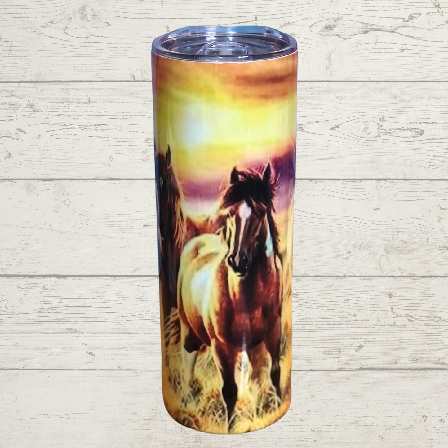 Wild Horses Running across open pasture with a Beautiful Sunset on the Horizon in the Background High Definition Image on a Quality 20 oz Skinny Sublimation Stainless Steel Tumbler/Mug/Cup with Lid and Straw