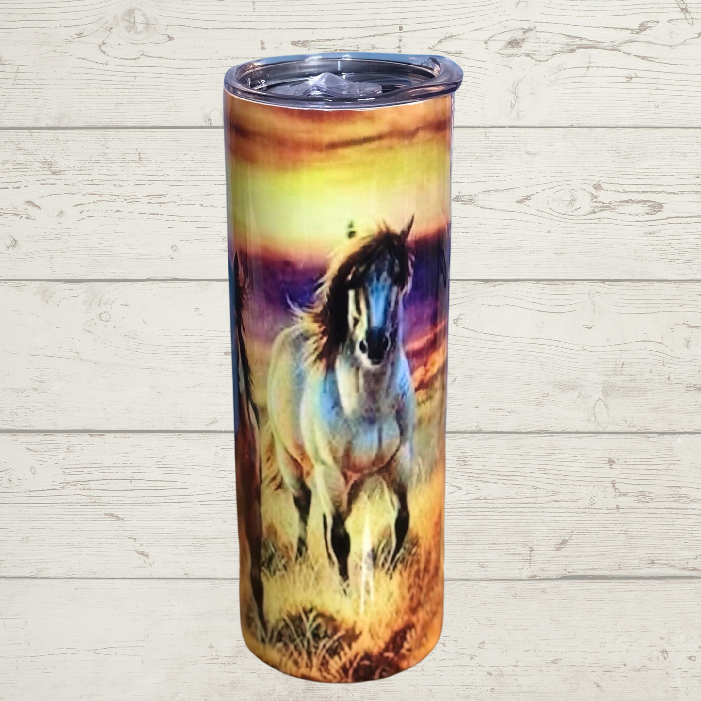 Wild Horses Running across open pasture with a Beautiful Sunset on the Horizon in the Background High Definition Image on a Quality 20 oz Skinny Sublimation Stainless Steel Tumbler/Mug/Cup with Lid and Straw