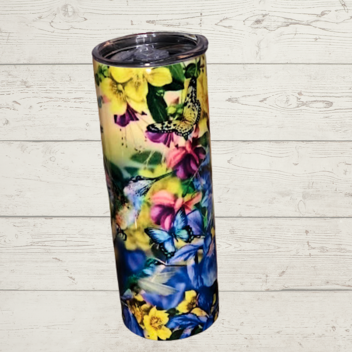 Hummingbird & Butterfly Fantasy Sublimation Tumbler Flowers with Purple Yellow Green Pink and More Multicolor Butterflies and Hummingbirds High Definition Image on a Quality 20 oz Stainless Steel Sublimation Tumbler/Mug/Cup with Lid and Straw