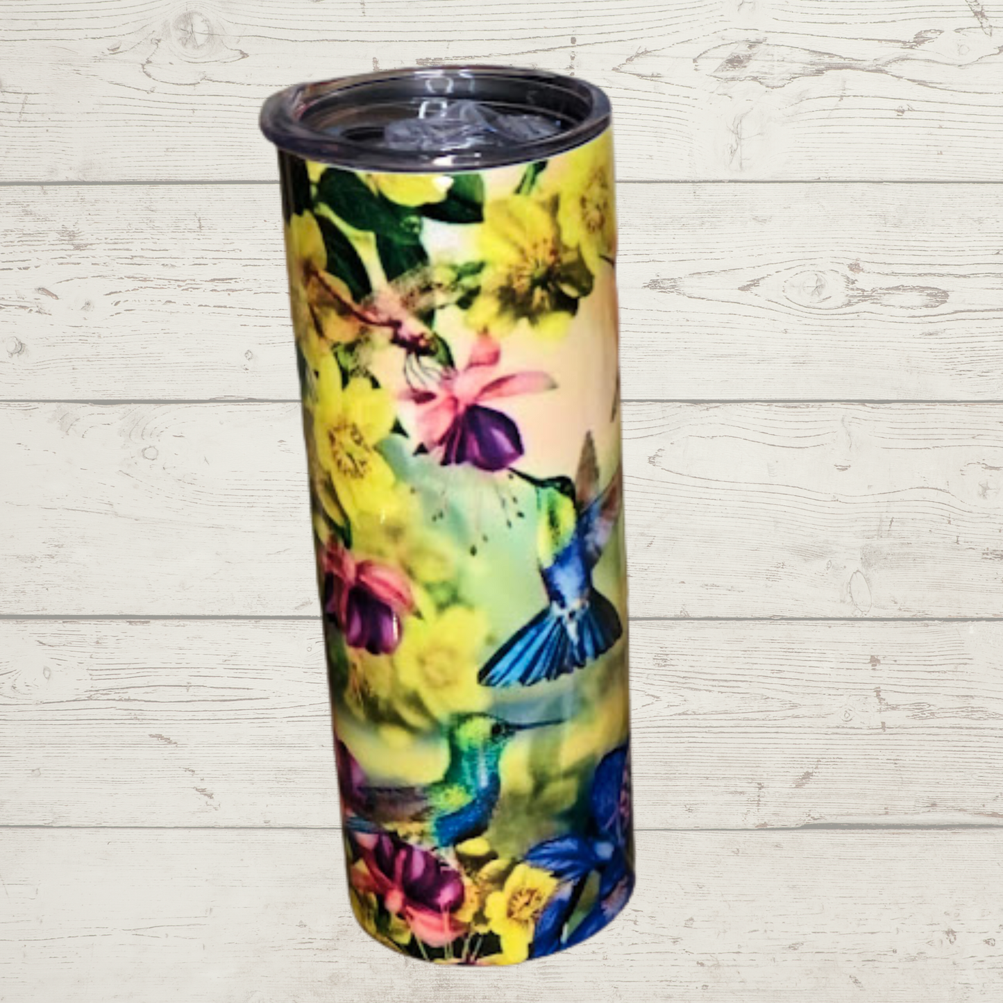 Hummingbird & Butterfly Fantasy Sublimation Tumbler Flowers with Purple Yellow Green Pink and More Multicolor Butterflies and Hummingbirds High Definition Image on a Quality 20 oz Stainless Steel Sublimation Tumbler/Mug/Cup with Lid and Straw