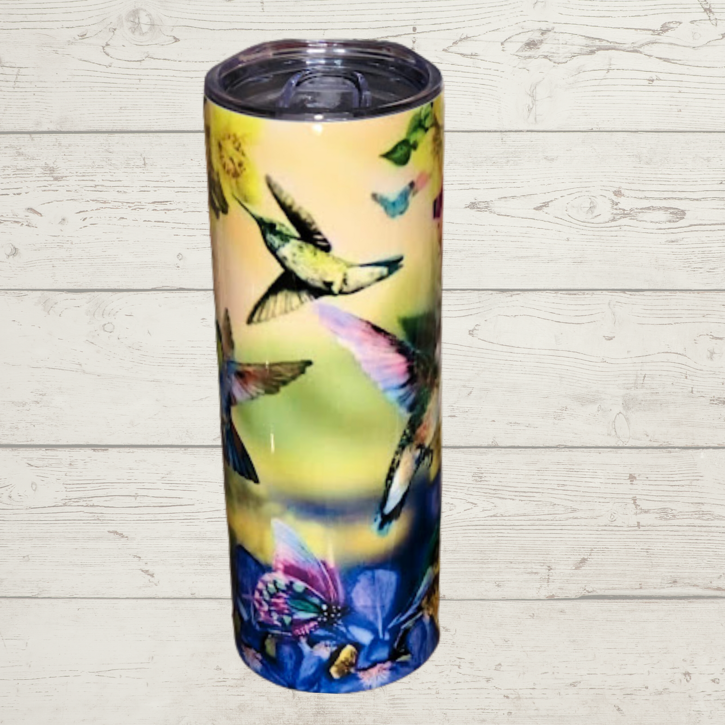 Hummingbird & Butterfly Fantasy Sublimation Tumbler Flowers with Purple Yellow Green Pink and More Multicolor Butterflies and Hummingbirds High Definition Image on a Quality 20 oz Stainless Steel Sublimation Tumbler/Mug/Cup with Lid and Straw