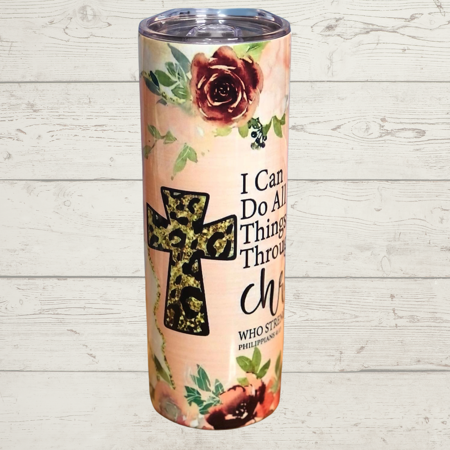 I Can Do All Things through Christ Who Strengthens Me, Phillipians 4:13 Sublimation Tumbler with Leopard Print Cross and Roses on a Pink/Peach and white with Gold Glitter Background High Definition Image on a Quality 20 oz Skinny Stainless Steel Tumbler with Lid and Straw
