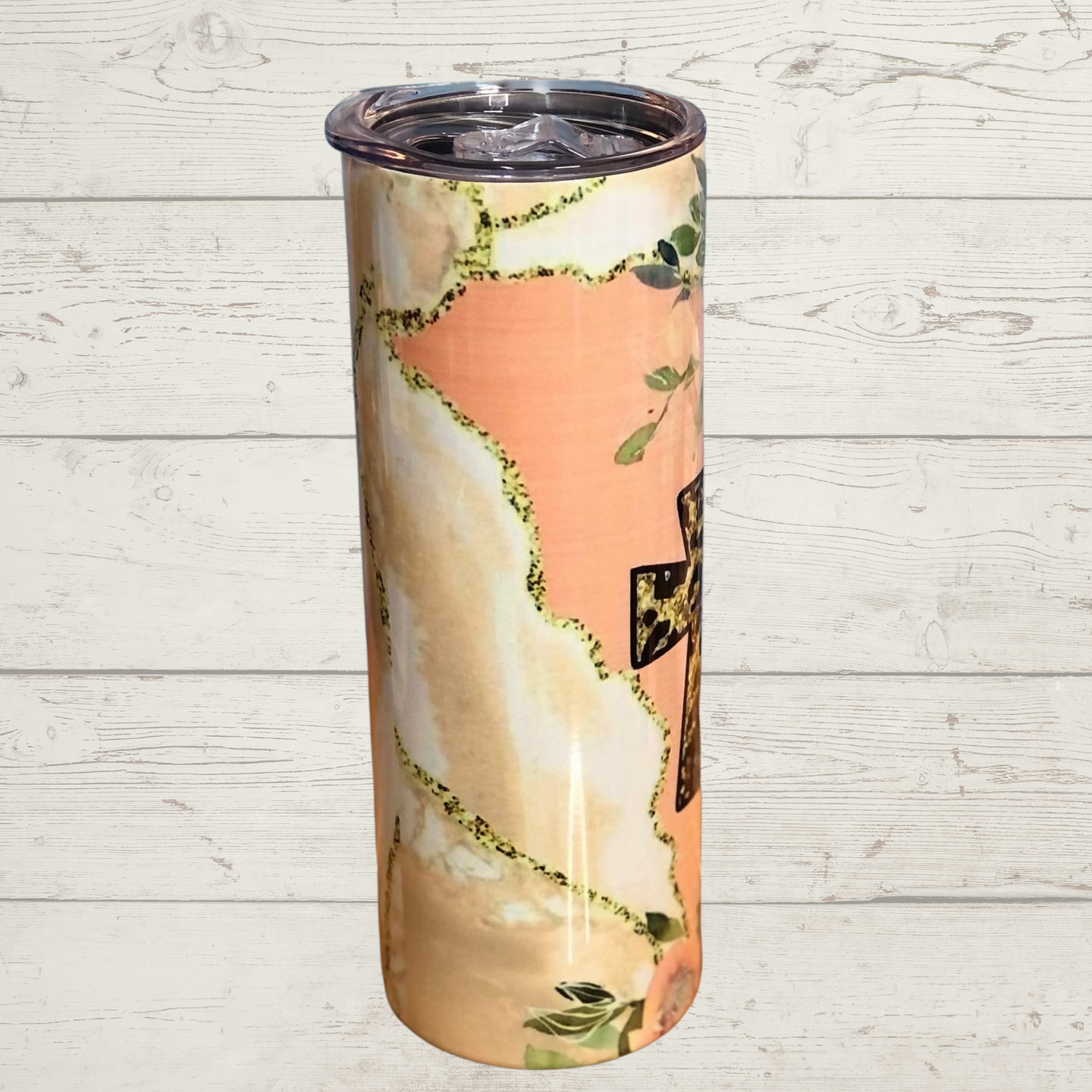 I Can Do All Things through Christ Who Strengthens Me, Phillipians 4:13 Sublimation Tumbler with Leopard Print Cross and Roses on a Pink/Peach and white with Gold Glitter Background High Definition Image on a Quality 20 oz Skinny Stainless Steel Tumbler with Lid and Straw