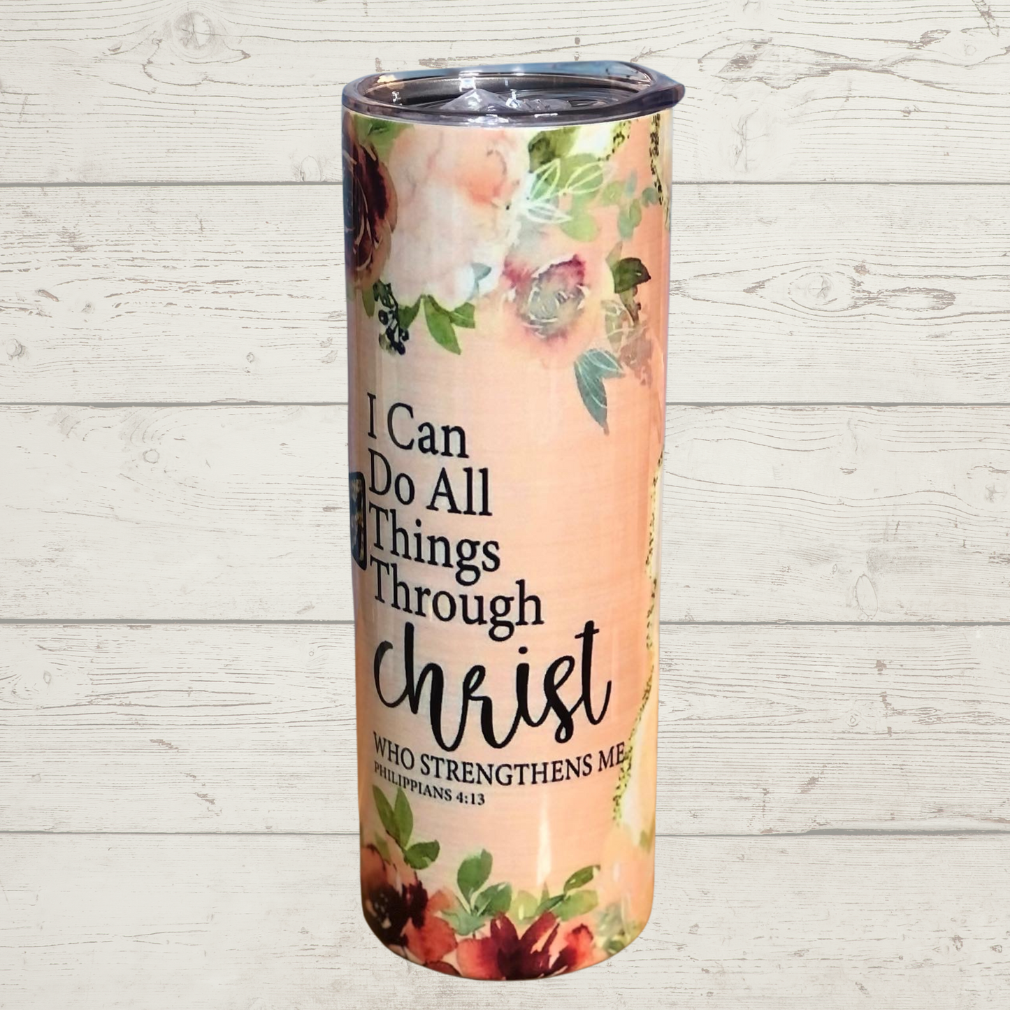 I Can Do All Things through Christ Who Strengthens Me, Phillipians 4:13 Sublimation Tumbler with Leopard Print Cross and Roses on a Pink/Peach and white with Gold Glitter Background High Definition Image on a Quality 20 oz Skinny Stainless Steel Tumbler with Lid and Straw