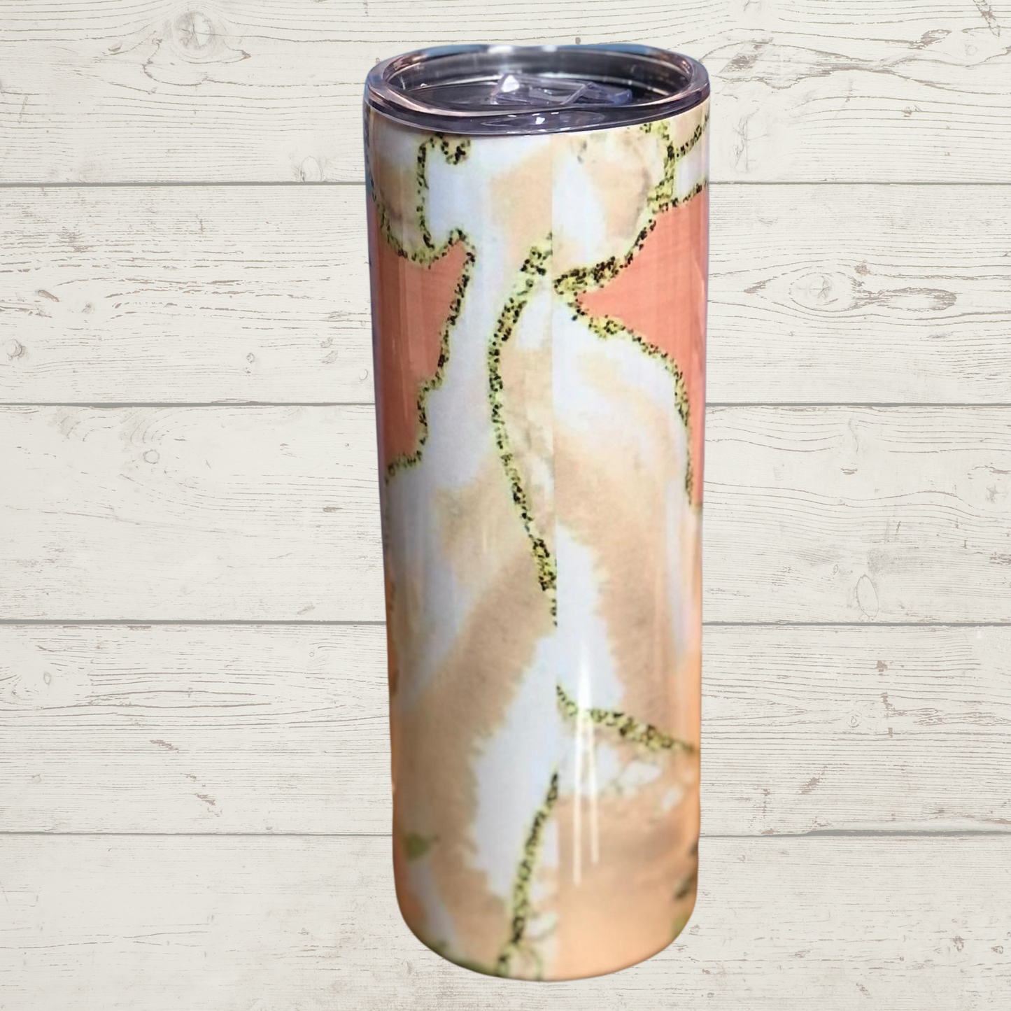 I Can Do All Things through Christ Who Strengthens Me, Phillipians 4:13 Sublimation Tumbler with Leopard Print Cross and Roses on a Pink/Peach and white with Gold Glitter Background High Definition Image on a Quality 20 oz Skinny Stainless Steel Tumbler with Lid and Straw