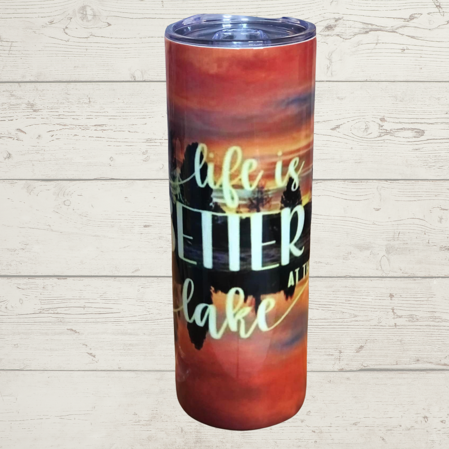 Life is Better at the Lake, Sublimation Tumbler Horizon and Trees Relecting on Lake at Dusk/Dawn with Fall Colors Vivid High Definition Image on A Quality 20 oz Sublimation Tumbler with Lid and Stainless Reusable Straw