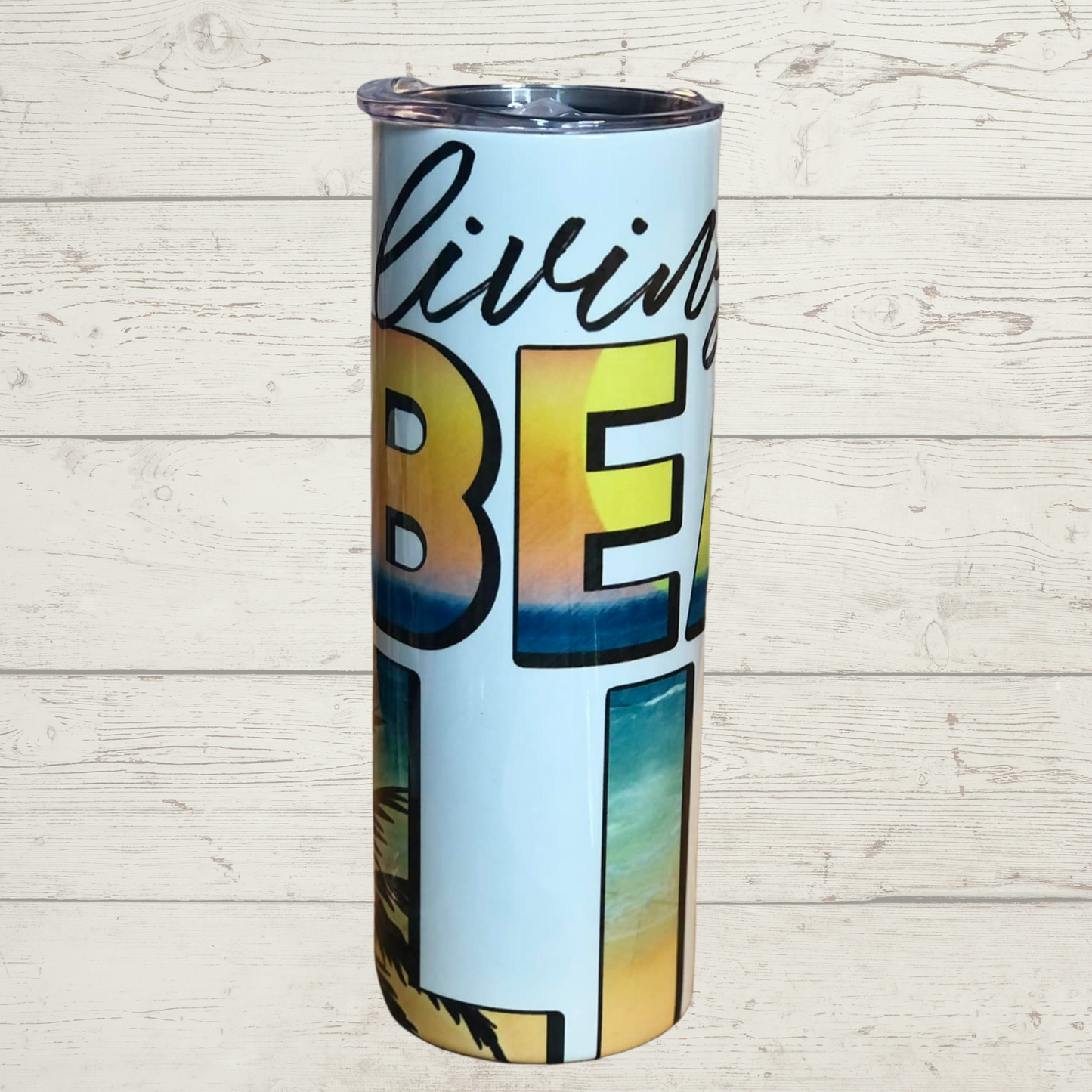 Beach Showing through Large Letters with a White Background High Definition Image on a Quality 20 oz Tumbler Rated to Keep Coffee Hot for up to 8 hours and other Drinks Cold for up to 12 hours with lid and Stainless Reusable Straw