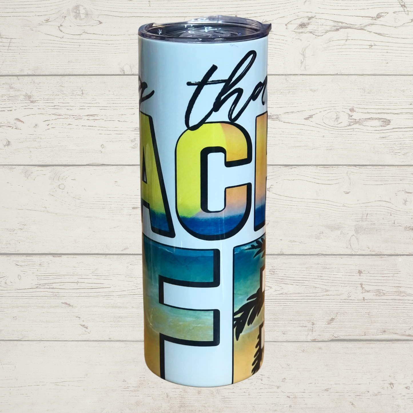 Beach Showing through Large Letters with a White Background High Definition Image on a Quality 20 oz Tumbler Rated to Keep Coffee Hot for up to 8 hours and other Drinks Cold for up to 12 hours with lid and Stainless Reusable Straw