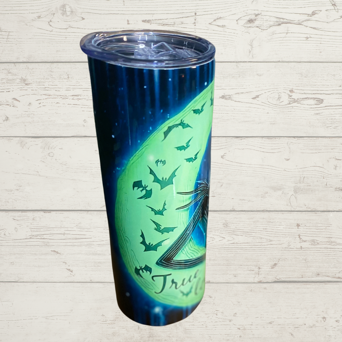 Nightmare Before Christmas Sublimation Tumbler Jack and Sally surrounded by the moon "Love Never Dies" High Definition Vivid Image on a Quality 20 oz Tumbler/Mug/Cup with Lid and Stainless Reusable Straw Farm-Lite Candles Custom Gifts and More