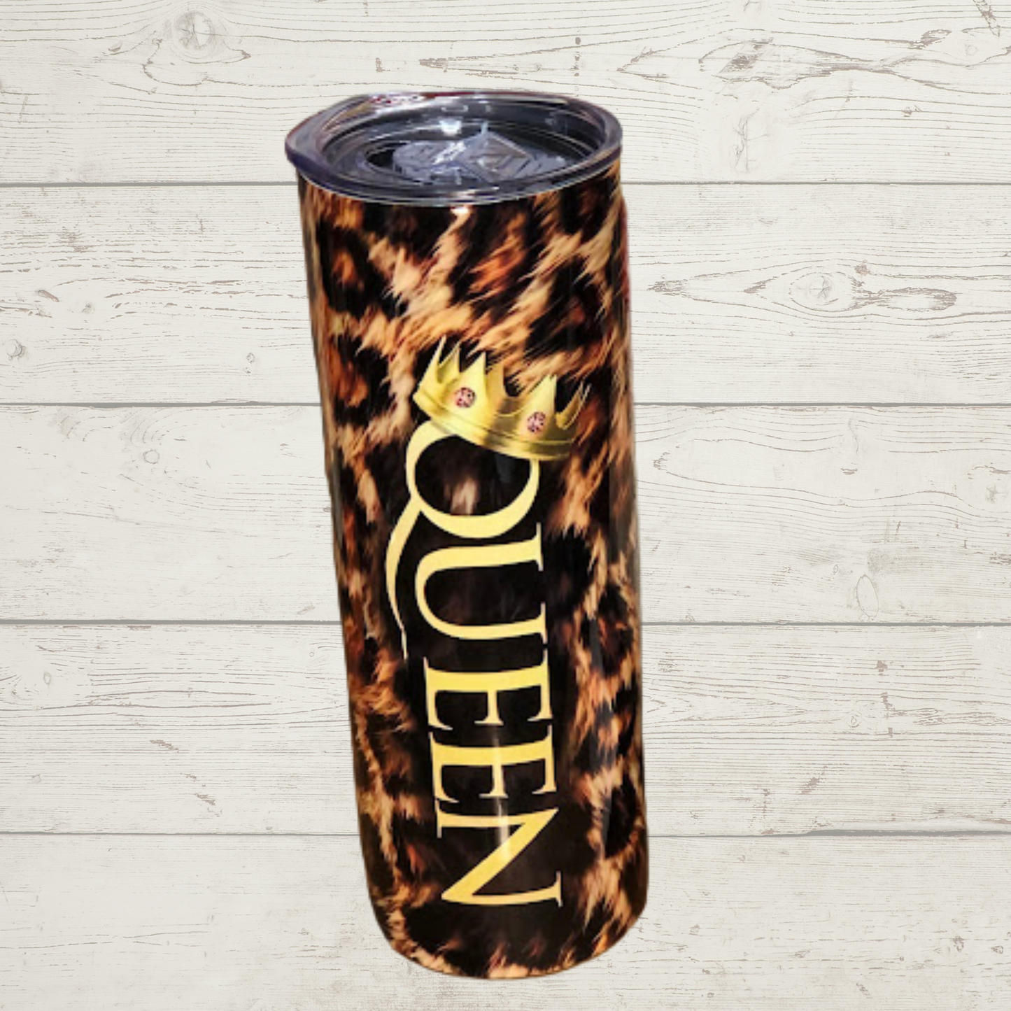 Leopard Print with Gold Queen (text) with Crown Vivid High Definition Image on A Quality 20 oz Tumbler/Mug/Cup with Lid and Stainless Reusable Straw