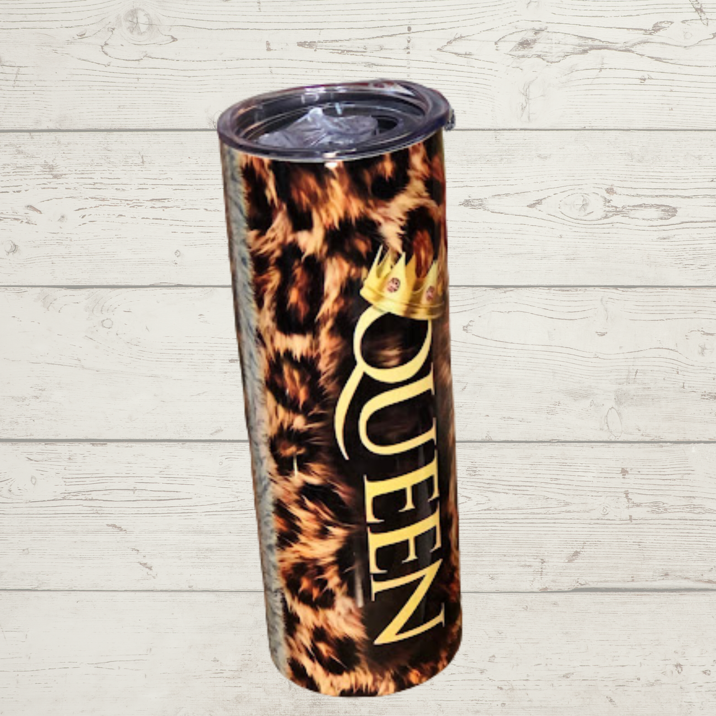 Leopard Print with Gold Queen (text) with Crown Vivid High Definition Image on A Quality 20 oz Tumbler/Mug/Cup with Lid and Stainless Reusable Straw