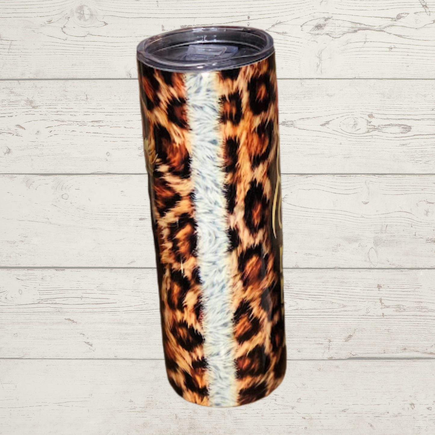 Leopard Print with Gold Queen (text) with Crown Vivid High Definition Image on A Quality 20 oz Tumbler/Mug/Cup with Lid and Stainless Reusable Straw