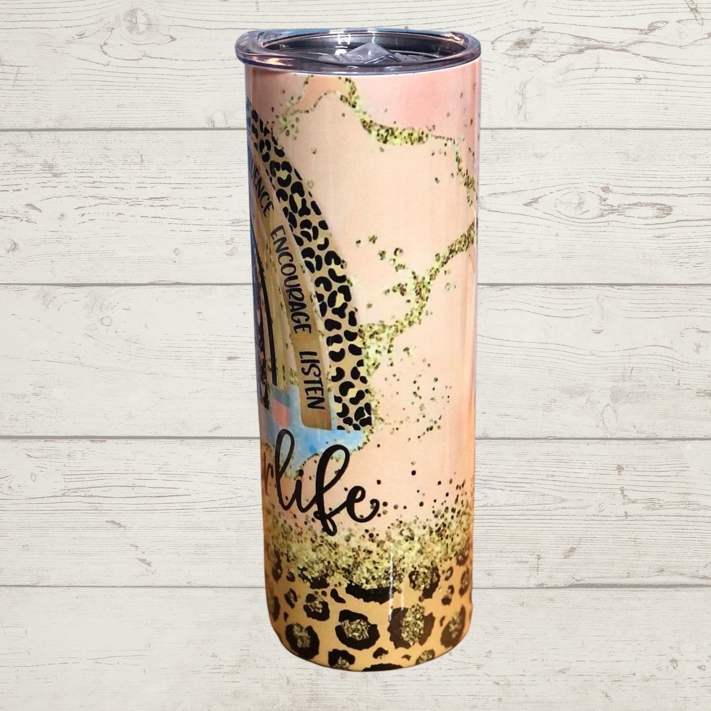 20 oz #TeacherLife Sublimation Tumbler with Quality Sealing Lid and Stainless Steel Straw, Teach Love Inspire Guide Praise Influence Encourage Listen Leopard Print Hearts Rainbow Pink Gold Glitter