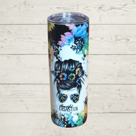 20 oz Beautiful Disaster Sublimation Tumbler Black with multicolor flowers bleach spot splatter sunglasses messy bun and bow with matching multicolor flowers