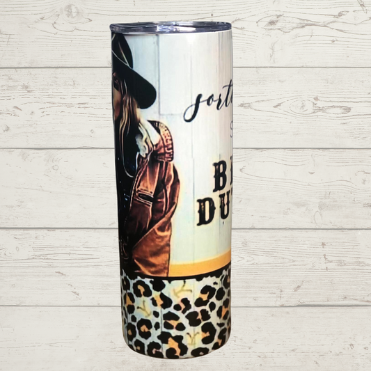 Yellowstone Sorta Sweet Sorta Beth Leopard Print ring at bottom with Yellow Y Emblems High Definition Image on a Quality 20 oz Sublimation Tumbler/Mug/Cup with Lid and Stainless Steel Straw