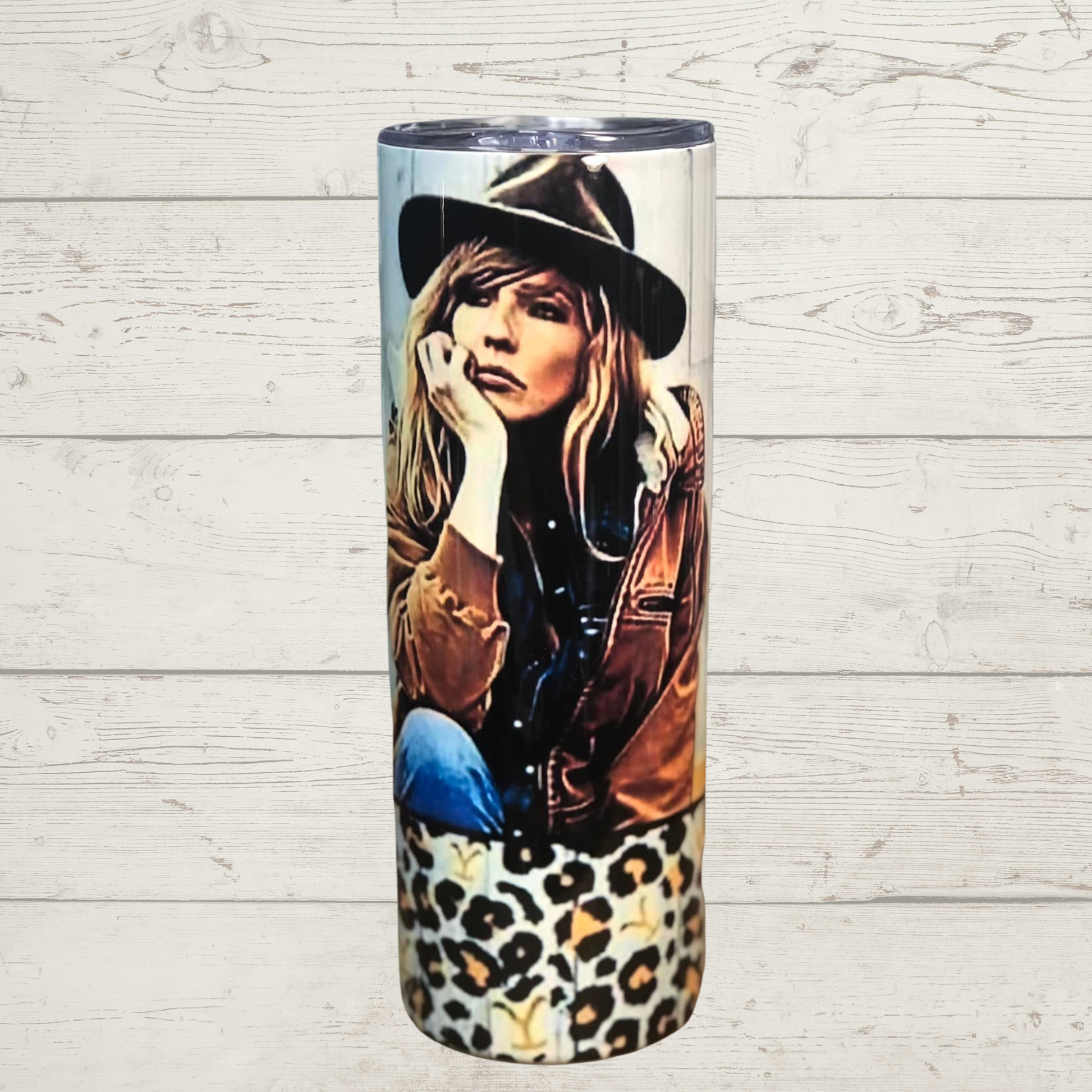 Yellowstone Sorta Sweet Sorta Beth Leopard Print ring at bottom with Yellow Y Emblems High Definition Image on a Quality 20 oz Sublimation Tumbler/Mug/Cup with Lid and Stainless Steel Straw