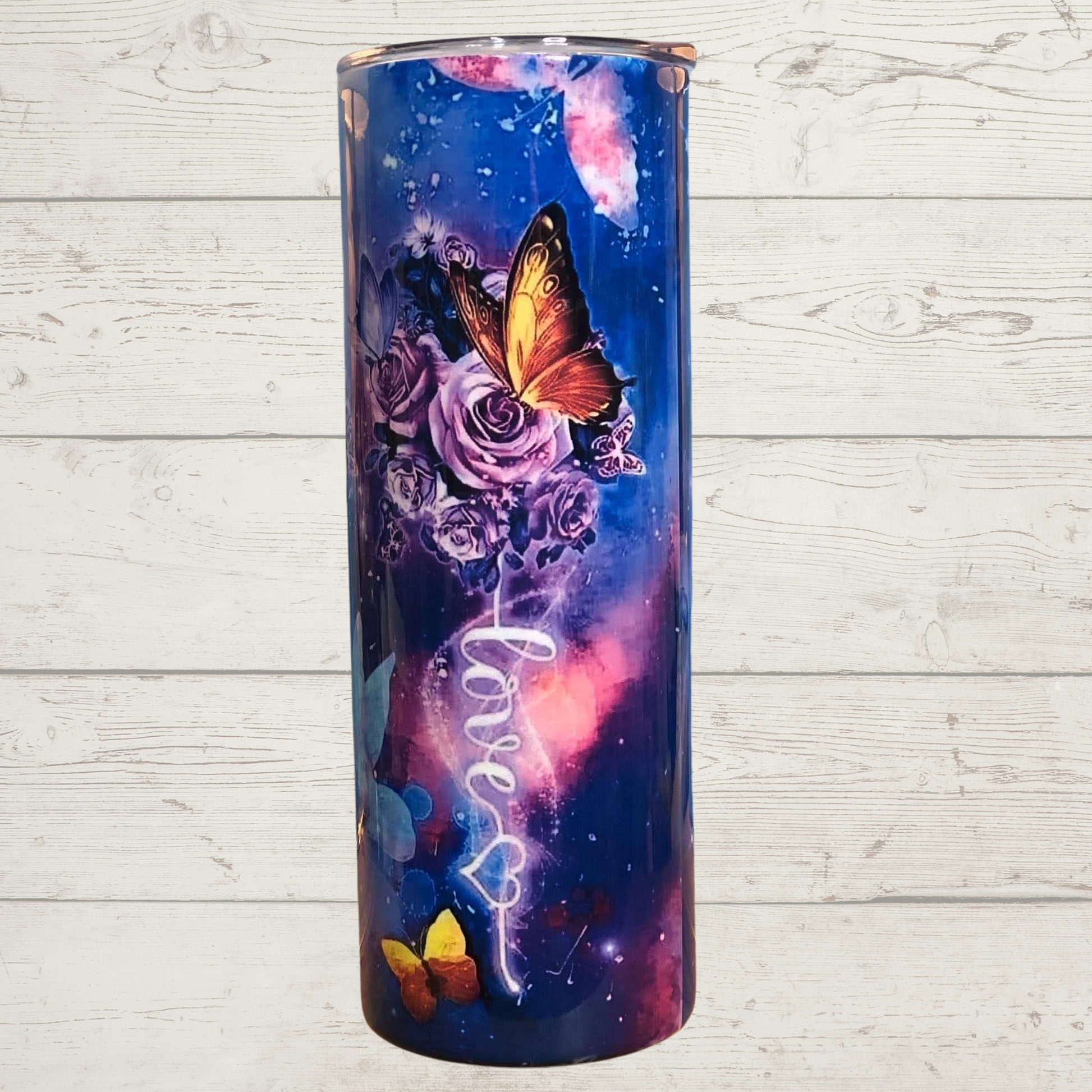 Faith, Hope, Love, Butterflies, Roses with High Defintion Purple Pink and Multicolor Image on a 20 oz Stainless Steel Skinny Sublimation Tumbler with Lid and Straw
