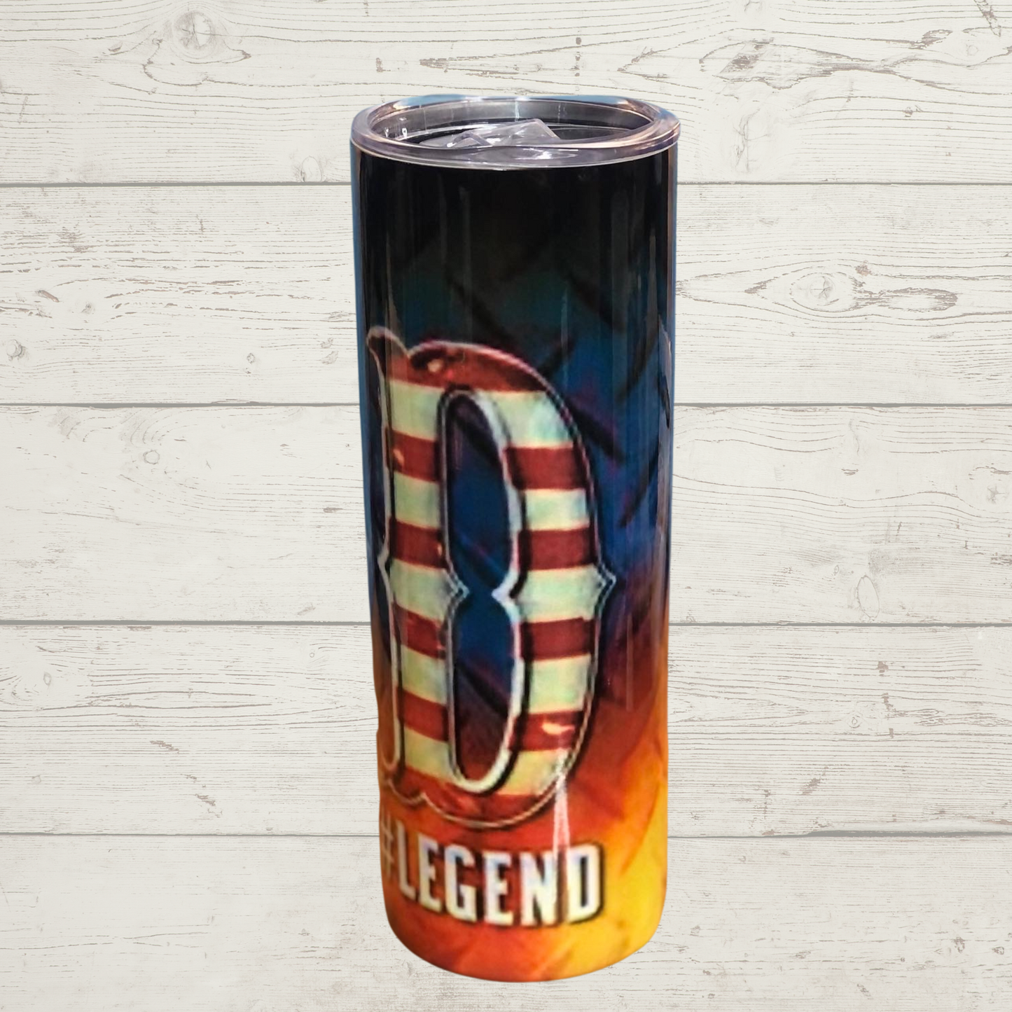 DAD #MANMYTHLEGEND 20 oz Sublimation Skinny Tumbler Black Blue and Orange Background with American Flag Red White and Blue D A D # Man Myth Legend High Defintion Quality Images on Quality Tumblers