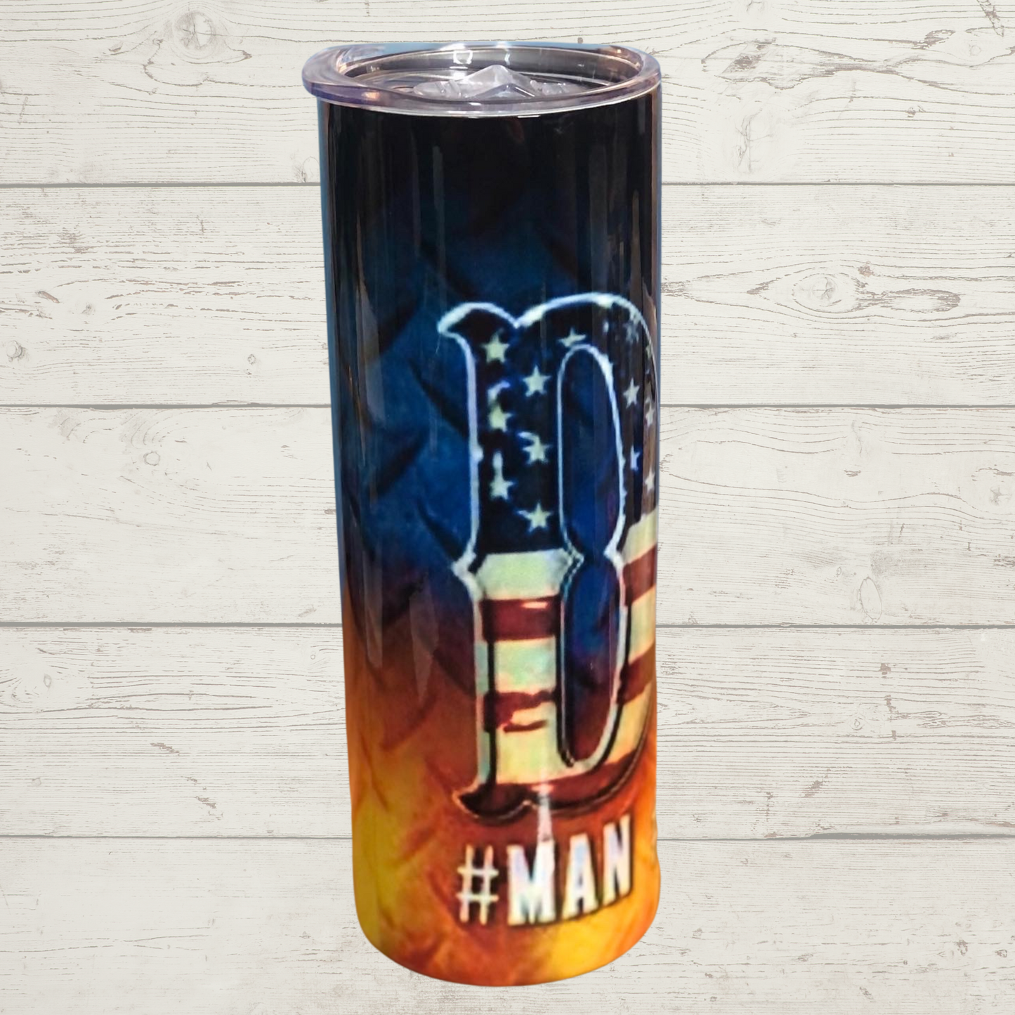 DAD #MANMYTHLEGEND 20 oz Sublimation Skinny Tumbler Black Blue and Orange Background with American Flag Red White and Blue D A D # Man Myth Legend High Defintion Quality Images on Quality Tumblers