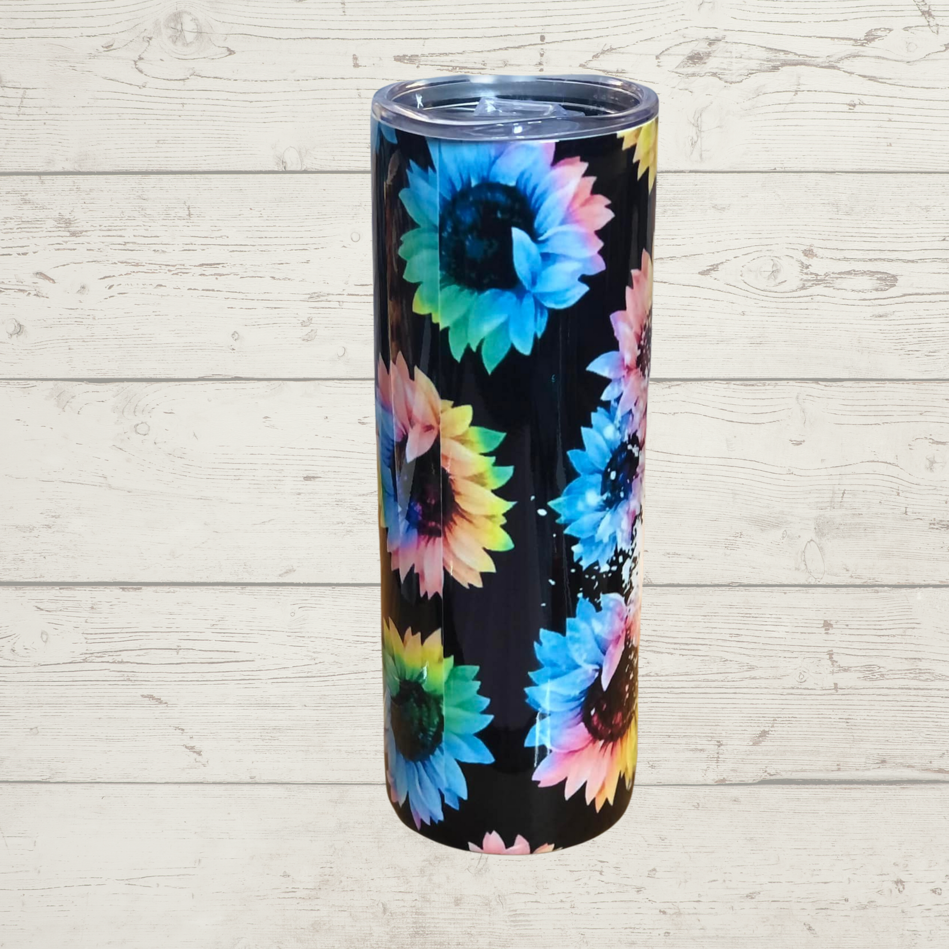 20 oz Beautiful Disaster Sublimation Tumbler Black with multicolor flowers bleach spot splatter sunglasses messy bun and bow with matching multicolor flowers