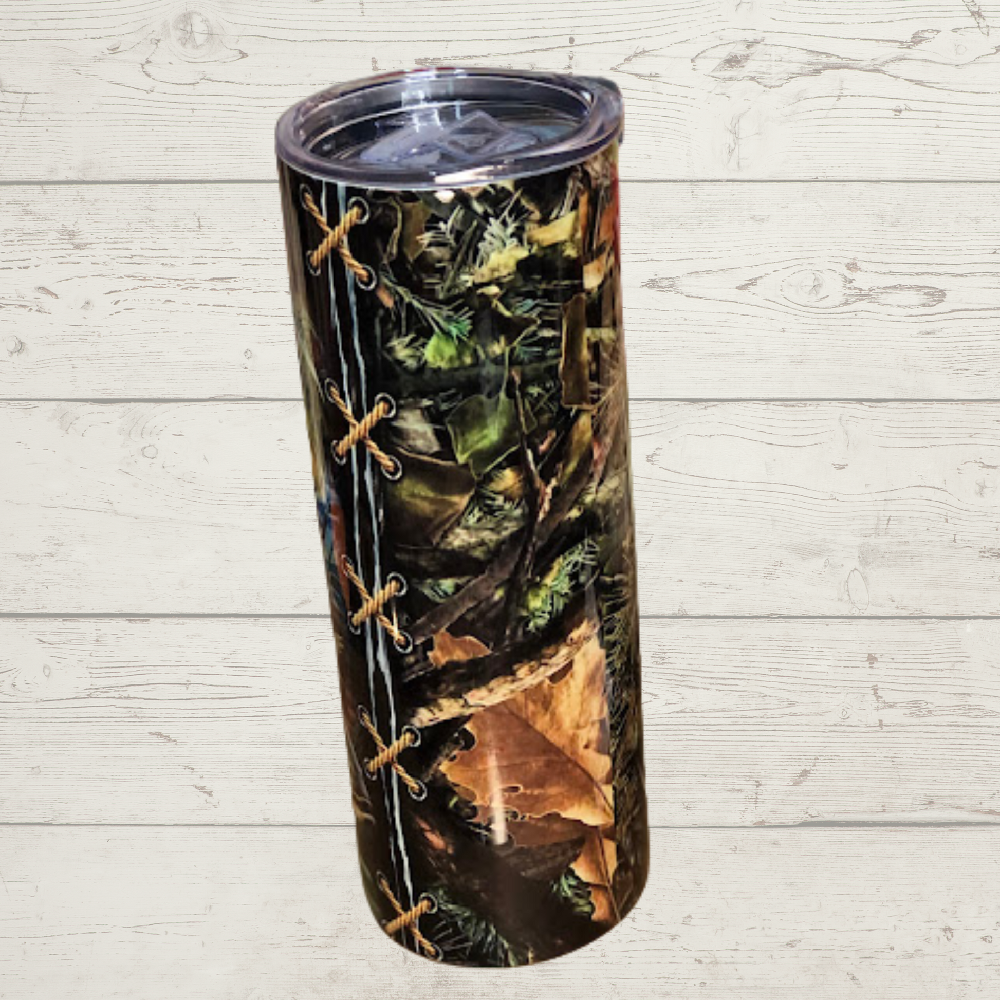 Bass/Fishing/Camoflauge 20 oz skinny sublimation tumbler vivid Detail image of several bass with one breaking through water with fisherman and boat floating on water in background