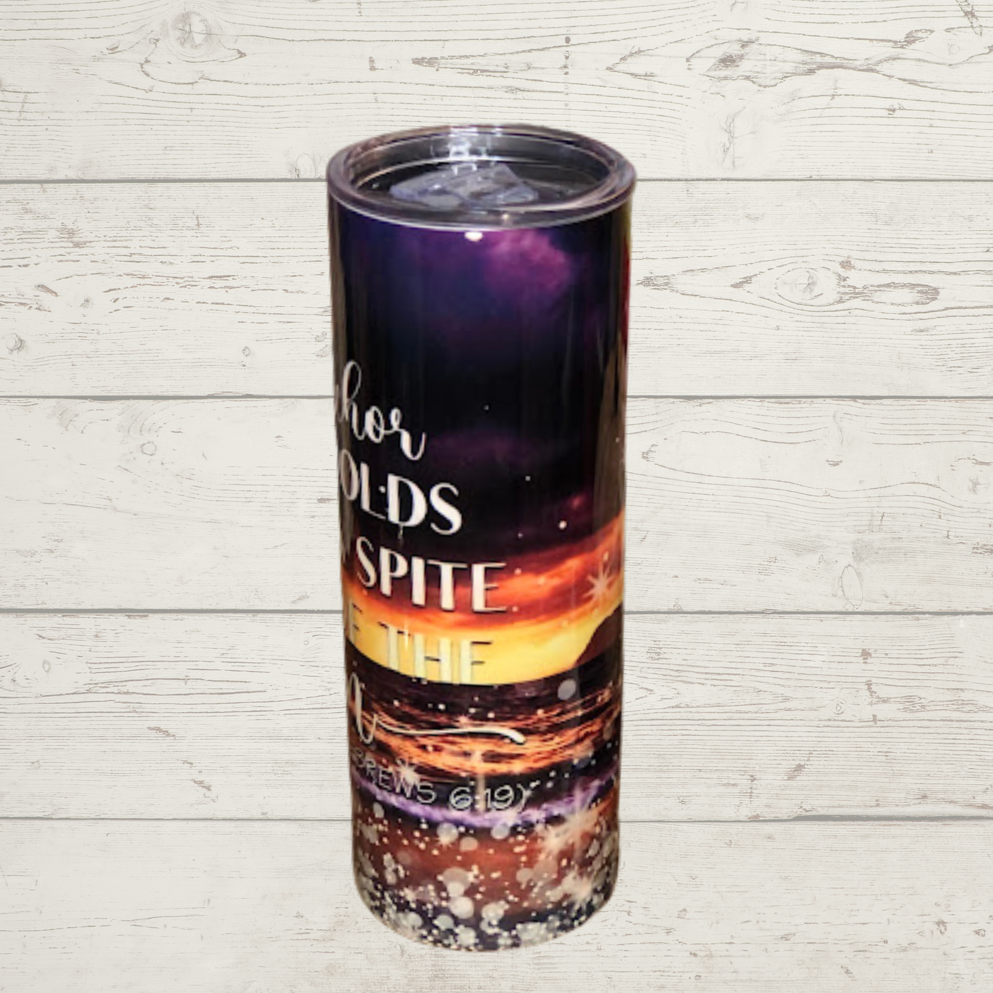 Storm over water Purple and Black with Anchor Text The Anchor Holds in spite of The Storm Vivid High Definition Image on a Quality Tumbler/Mug/Cup with Lid and Stainless Reusable Straw Farm-Lite Candles Custom Gifts and More