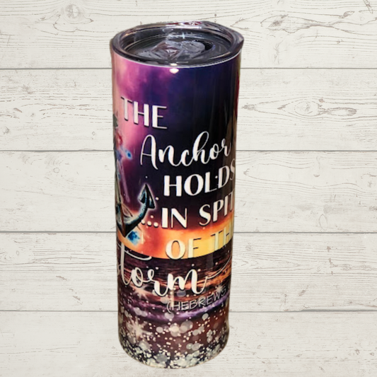 Storm over water Purple and Black with Anchor Text The Anchor Holds in spite of The Storm Vivid High Definition Image on a Quality Tumbler/Mug/Cup with Lid and Stainless Reusable Straw Farm-Lite Candles Custom Gifts and More