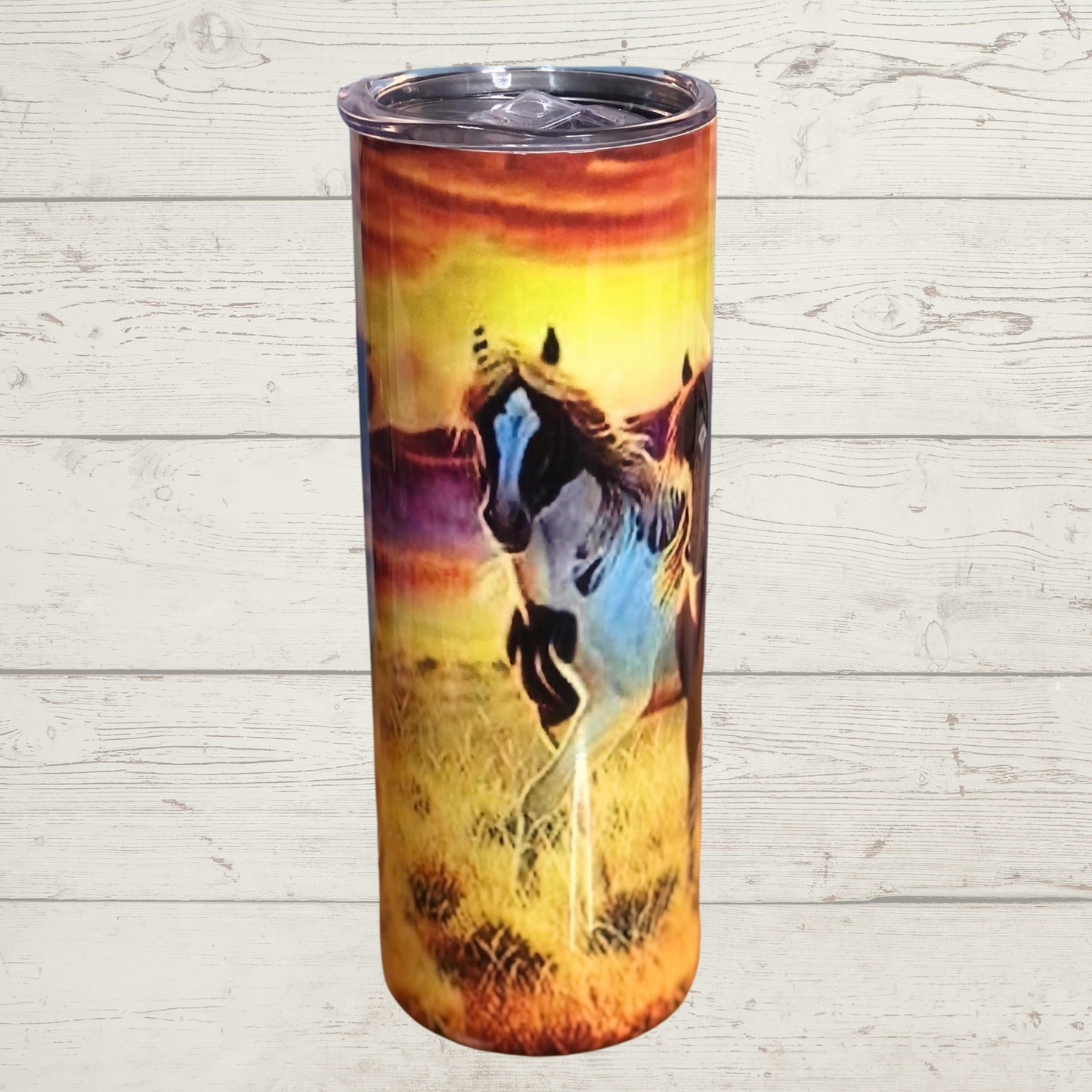 Wild Horses Running across open pasture with a Beautiful Sunset on the Horizon in the Background High Definition Image on a Quality 20 oz Skinny Sublimation Stainless Steel Tumbler/Mug/Cup with Lid and Straw