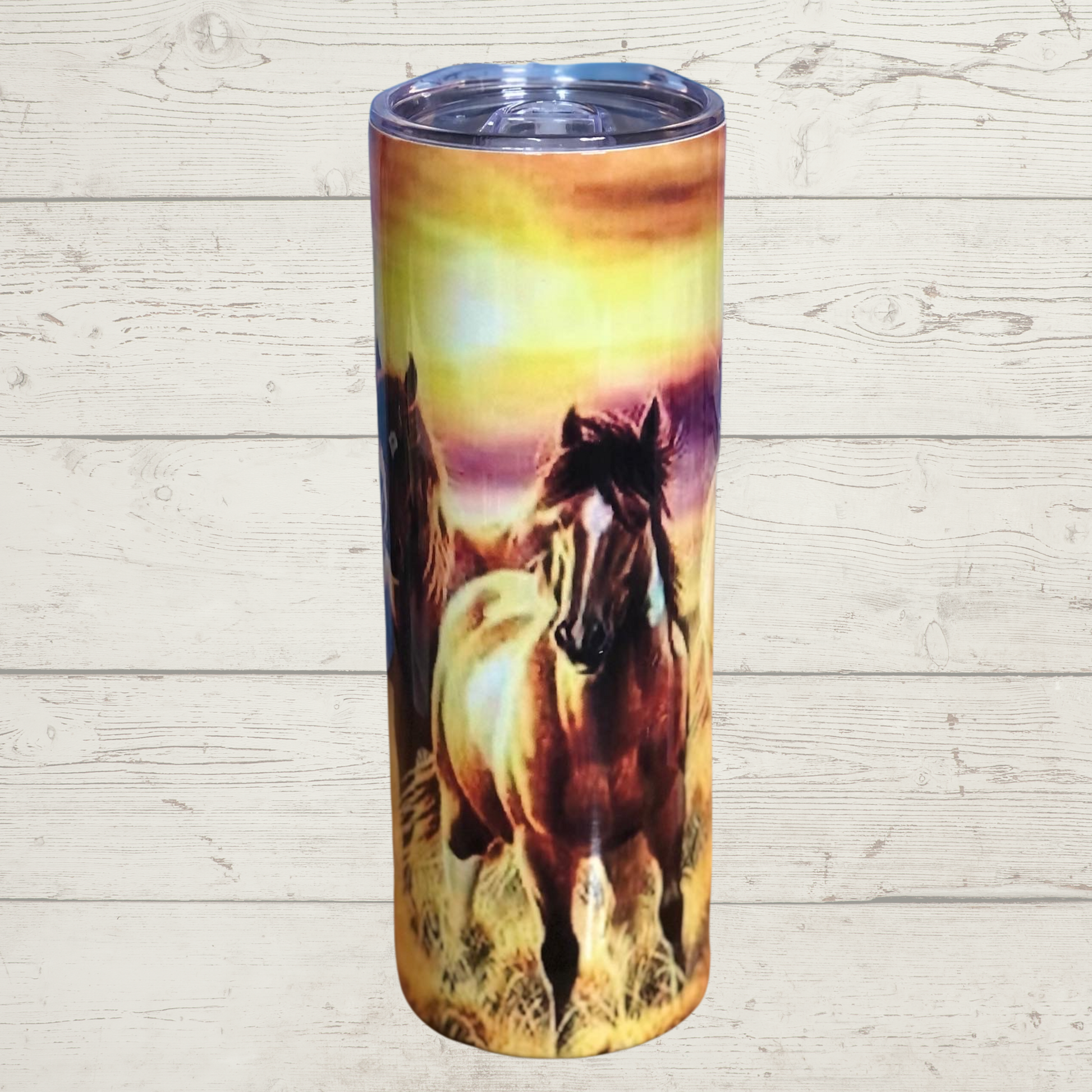 Wild Horses Running across open pasture with a Beautiful Sunset  on the Horizon in the Background High Definition Image on a Quality 20 oz Skinny Sublimation Stainless Steel Tumbler/Mug/Cup with Lid and Straw 
