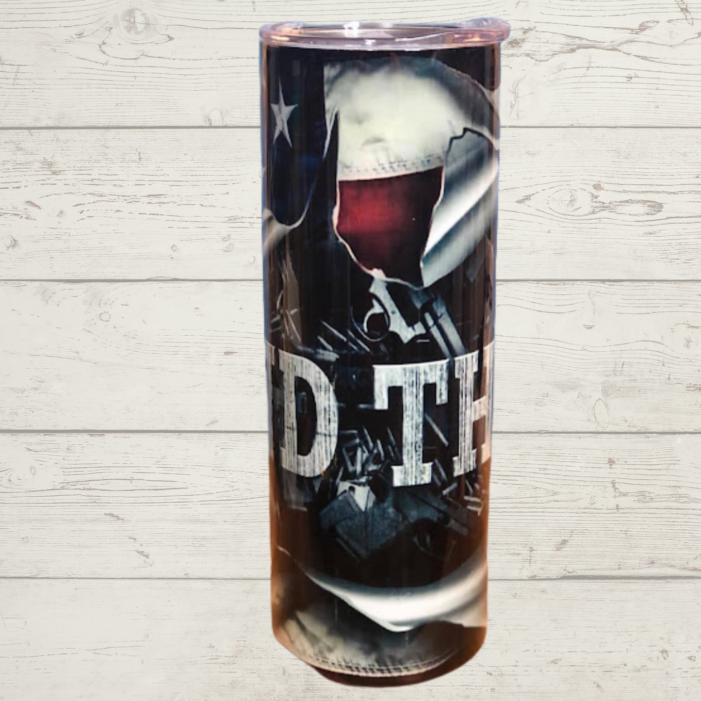 I 2nd That Sublimation Tumbler Second Amendment Torn Metal American Flag "I Second That" with Ammunition/Ammo and Firearms/Guns in Background on a Quality 20 oz Skinny Tumbler/Mug/Cup with Lid and Stainless Steel Straw