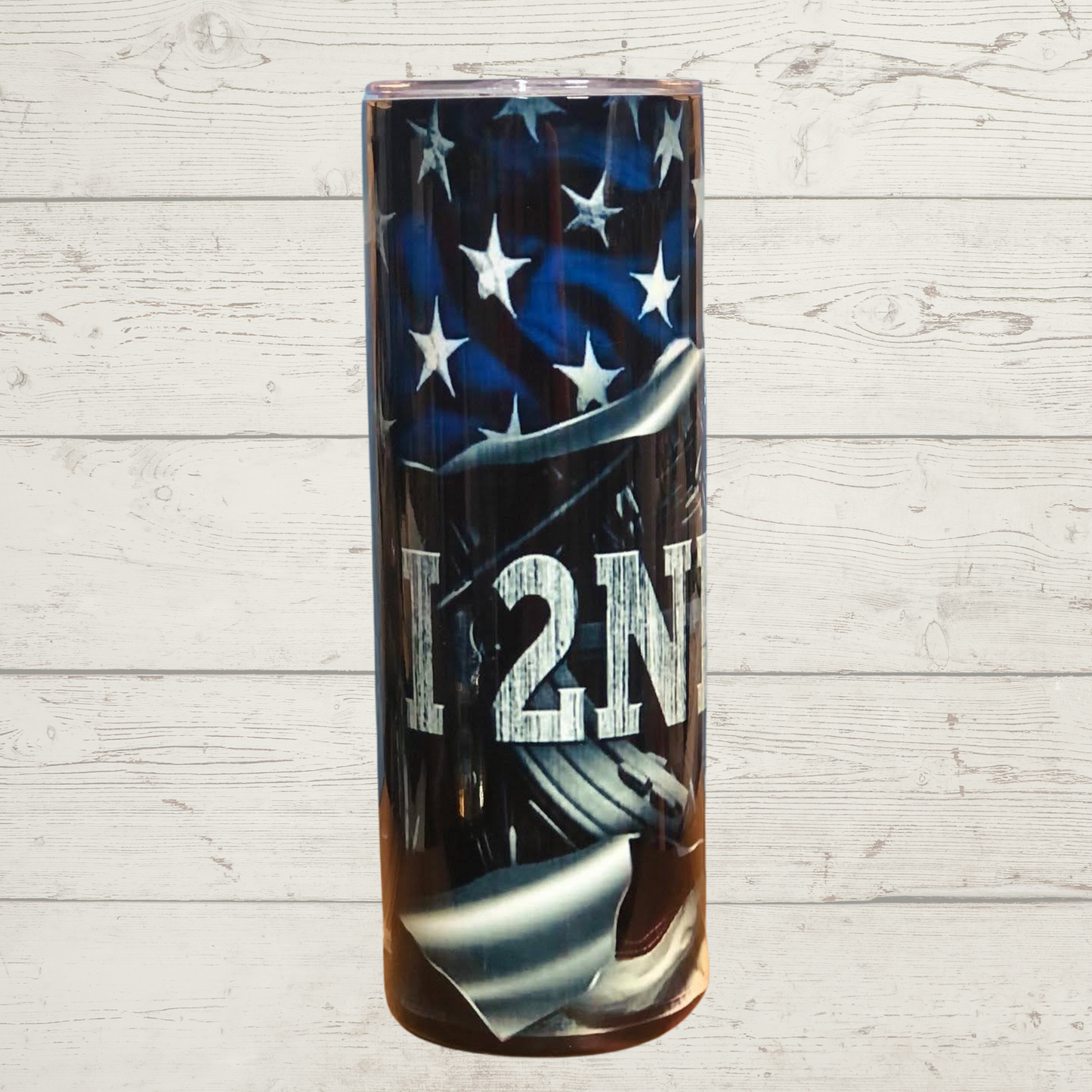 I 2nd That Sublimation Tumbler Second Amendment Torn Metal American Flag "I Second That" with Ammunition/Ammo and Firearms/Guns in Background on a Quality 20 oz Skinny Tumbler/Mug/Cup with Lid and Stainless Steel Straw