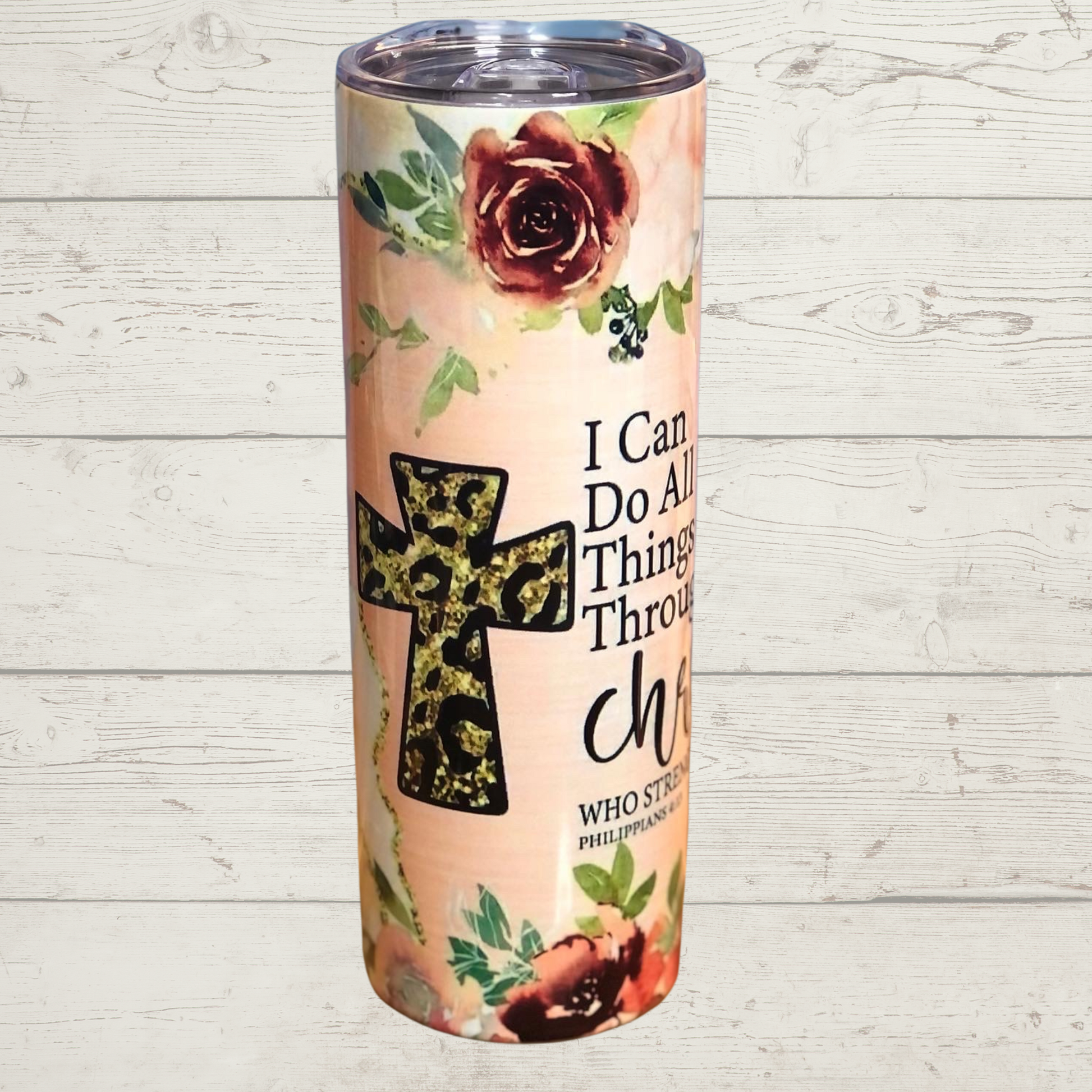 I Can Do All Things through Christ Who Strengthens Me, Phillipians 4:13 Sublimation Tumbler with Leopard Print Cross and Roses on a Pink/Peach and white with Gold Glitter Background High Definition Image on a Quality 20 oz Skinny Stainless Steel Tumbler with Lid and Straw