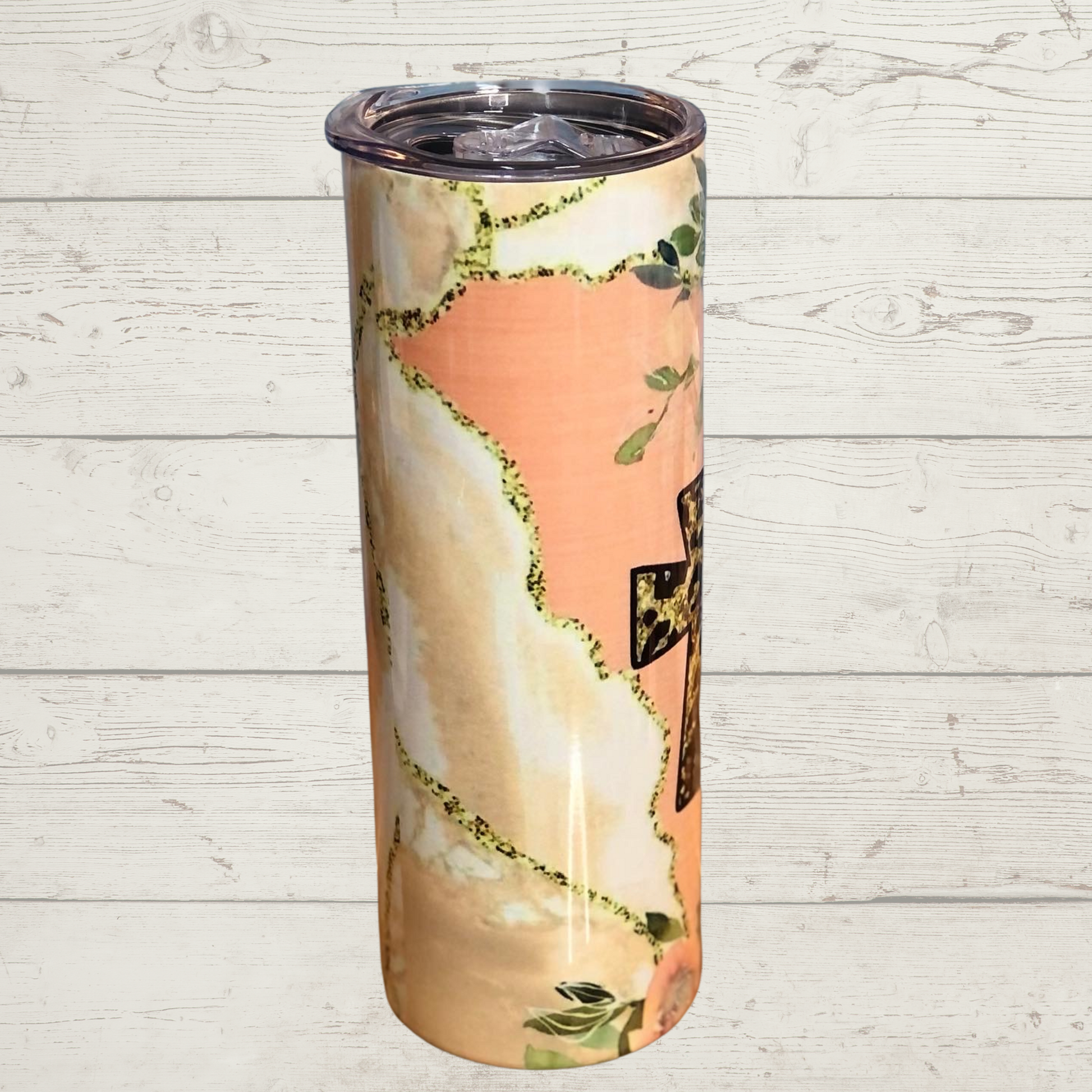 I Can Do All Things through Christ Who Strengthens Me, Phillipians 4:13 Sublimation Tumbler with Leopard Print Cross and Roses on a Pink/Peach and white with Gold Glitter Background High Definition Image on a Quality 20 oz Skinny Stainless Steel Tumbler with Lid and Straw