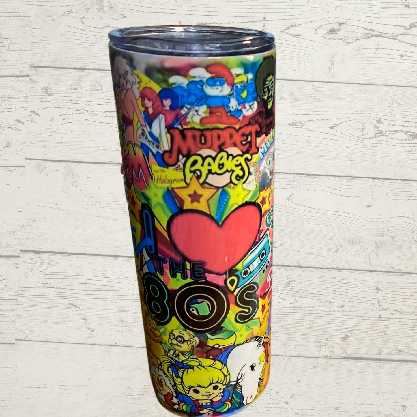 I love the 80's, Sublimation Tumbler Bright Multicolor Collage of Eighties Kid/Childrens Cartoons Muppet Babies Smurfs Michael Jackson and Many More in this Vivid High Definition Image on a Quality 20 oz Skinny Sublimation Tumbler with Lid and Stainless Reusable Straw