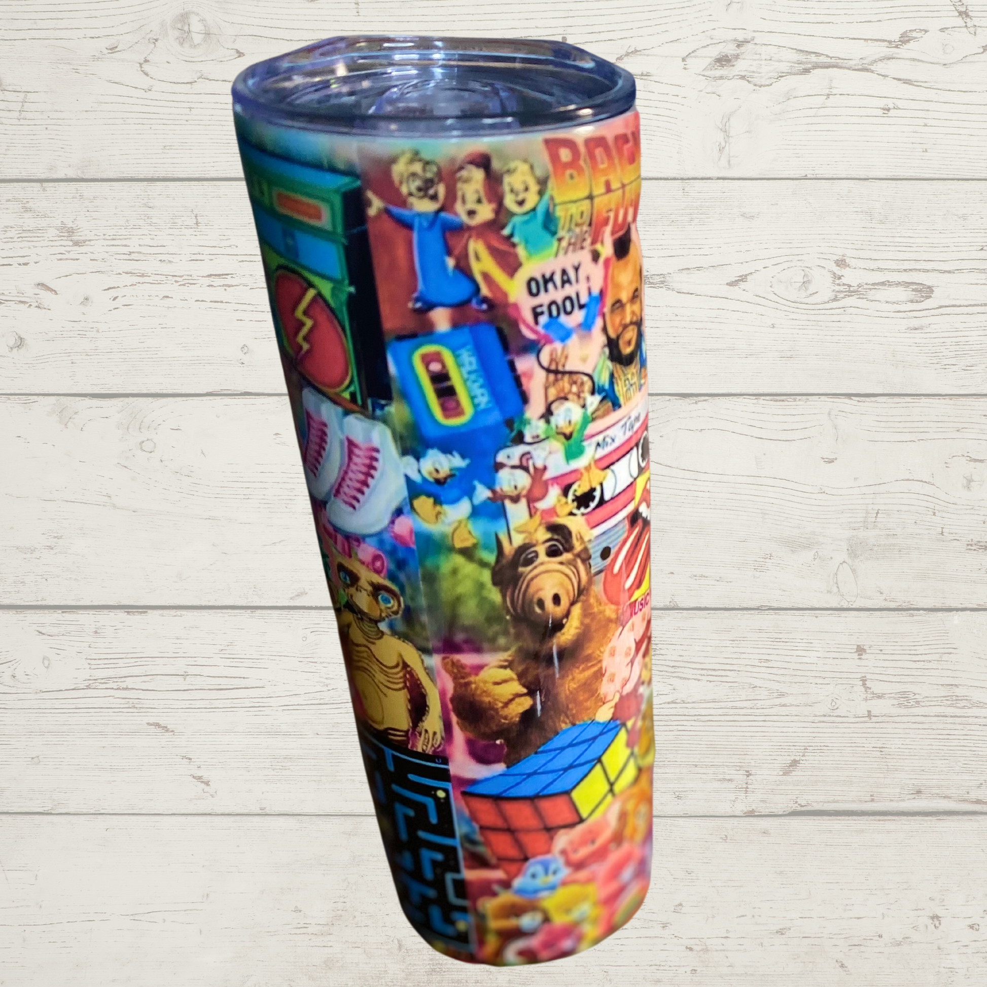 I love the 80's, Sublimation Tumbler Bright Multicolor Collage of Eighties Kids/Childrens Cartoons Rubix Cube the Chipmunks Alf Back to the Future Donald Duck and Many More in this Vivid High Definition Image on a Quality 20 oz Skinny Sublimation Tumbler with Lid and Stainless Reusable Straw