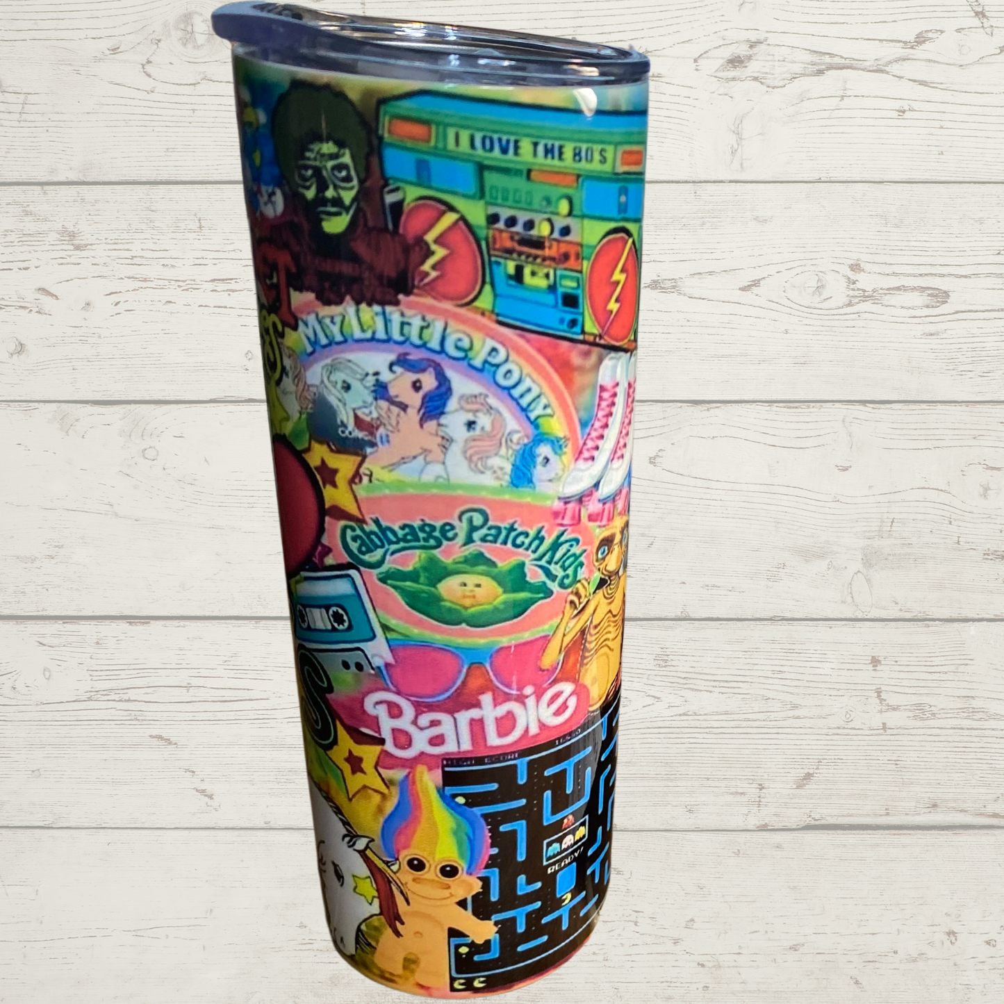 I love the 80's, Sublimation Tumbler Bright Multicolor Collage of Eighties Kid/Childrens Cartoons My Little Pony Cabbage Patch Kids Barbie Trolls Pac Man and Many More in this Vivid High Definition Image on a Quality 20 oz Skinny Sublimation Tumbler with Lid and Stainless Reusable Straw