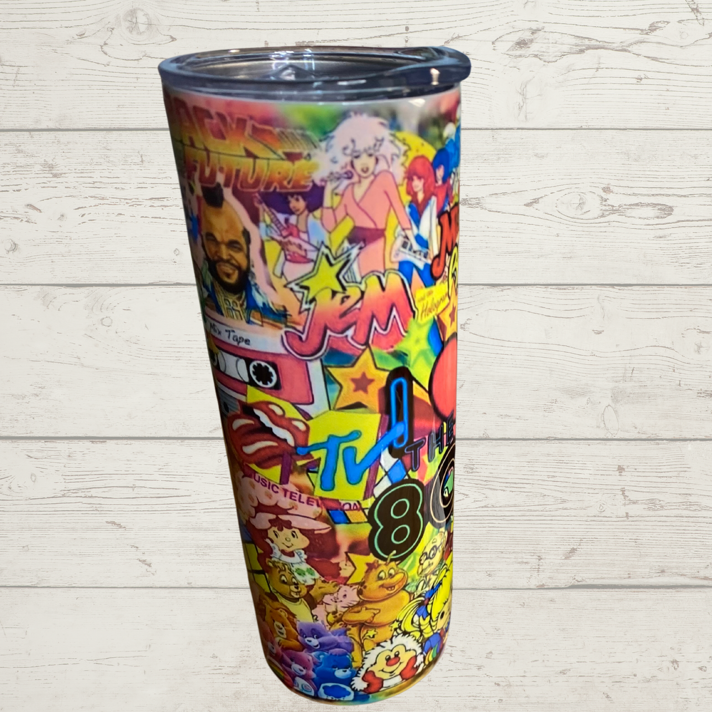 I love the 80's, Sublimation Tumbler Bright Multicolor Collage of Eighties Kid/Childrens Cartoons M T V Mr T Strawberry Shortcake and Many More in this Vivid High Definition Image on a Quality 20 oz Skinny Sublimation Tumbler with Lid and Stainless Reusable Straw