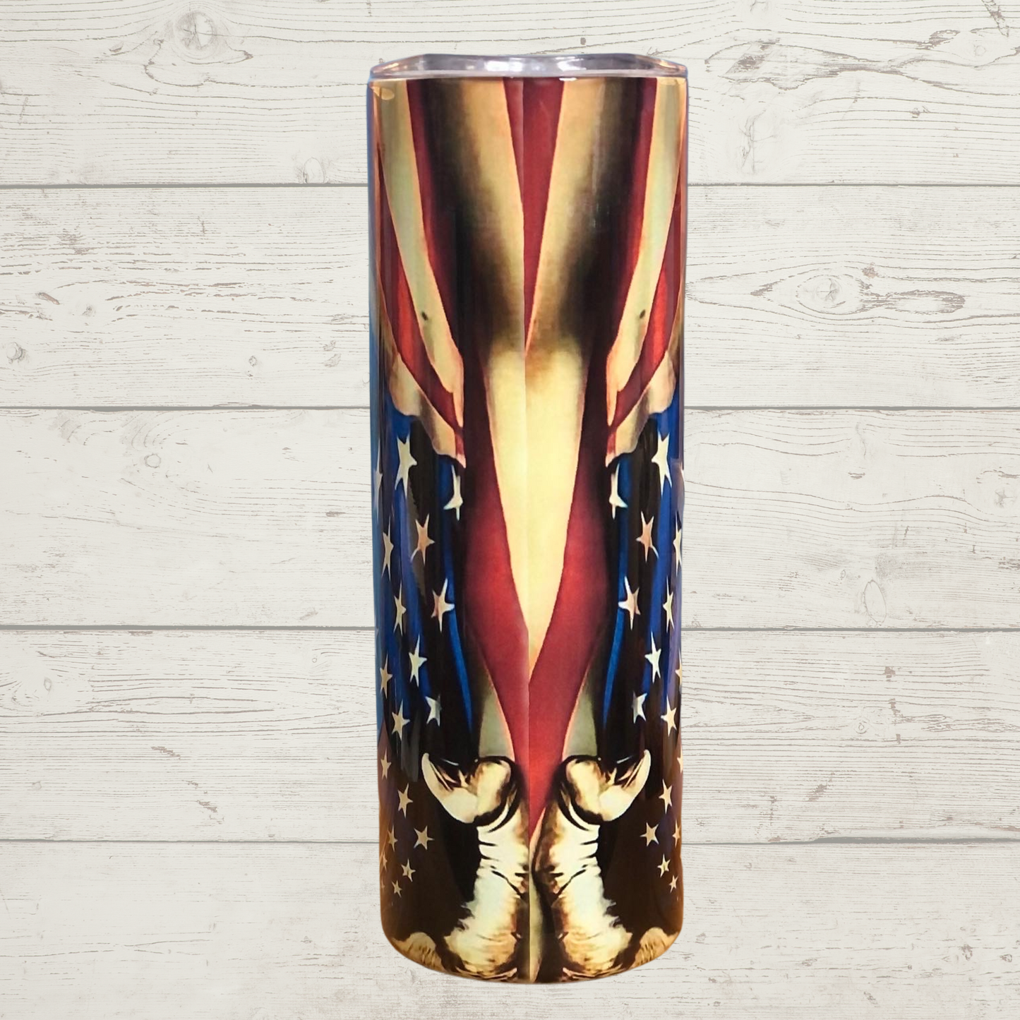 Jesus and American Flag 20 oz Skinny Stainless Steel Sulimation Tumbler Black and White Jesus with a Crown of Thorns Looking down Upon the Crucifixion while Embracing the American Flag Red White and Blue Vivid High Definition Image on a Quality 20 oz Tumbler/Mug/Cup with Lid and Stainless Reusable Straw