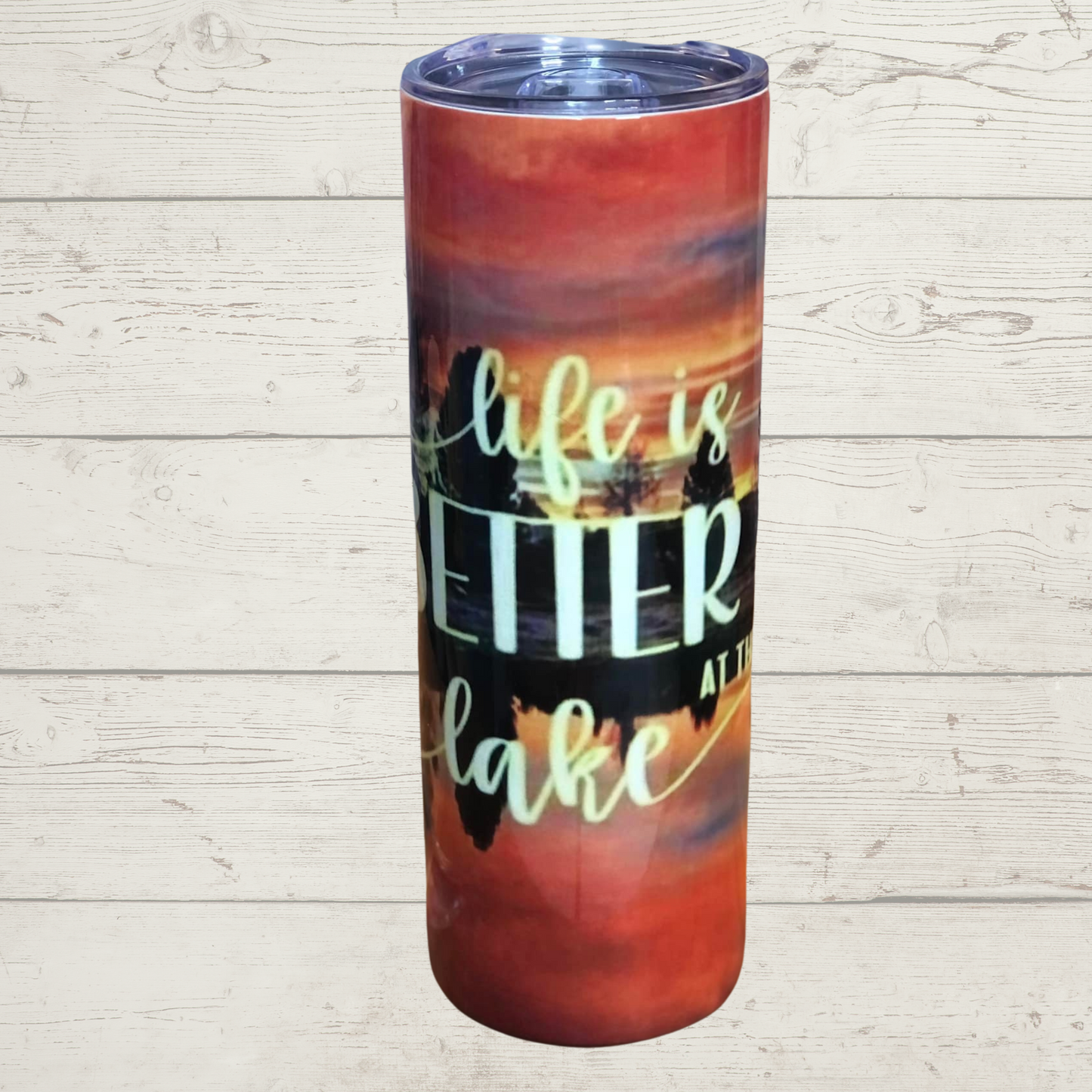 Life is Better at the Lake, Sublimation Tumbler  Horizon and  Trees Relecting on Lake at Dusk/Dawn with Fall Colors Vivid High Definition Image on A Quality 20 oz Sublimation Tumbler with Lid and Stainless Reusable Straw