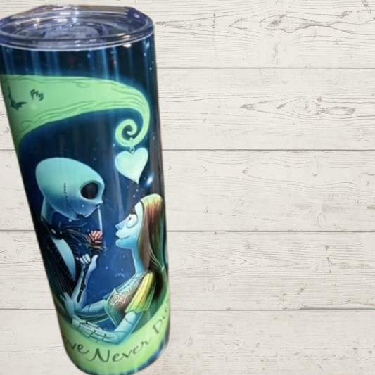 Nightmare Before Christmas Sublimation Tumbler Jack and Sally surrounded by the moon "Love Never Dies" High Definition Vivid Image on a Quality 20 oz Tumbler/Mug/Cup with Lid and Stainless Reusable Straw Farm-Lite Candles Custom Gifts and More