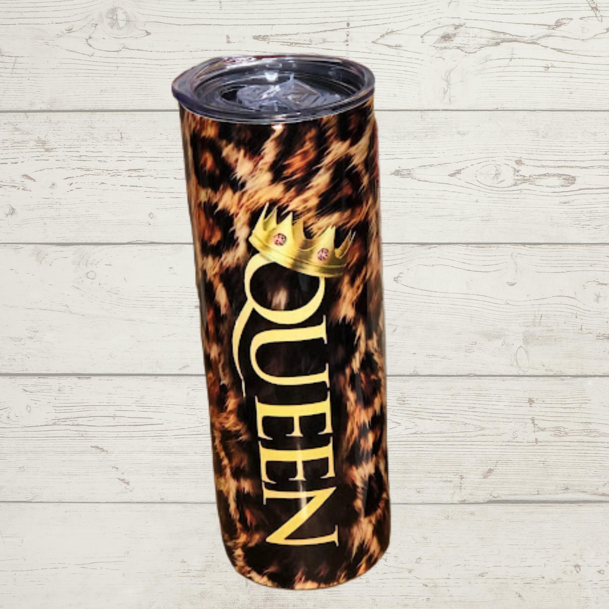  Leopard Print with Gold Queen (text) with Crown Vivid High Definition Image on A Quality 20 oz Tumbler/Mug/Cup with Lid and Stainless Reusable Straw