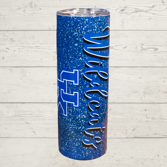 U K Wildcats Text on half Blue Half White Black and Blue Leopard Print High Definition Image on a Qualoity 20 oz Tumbler/Mug/Cup with Lid and Stainless Reusable Straw Farm-Lite Candles Custom Gifts and More