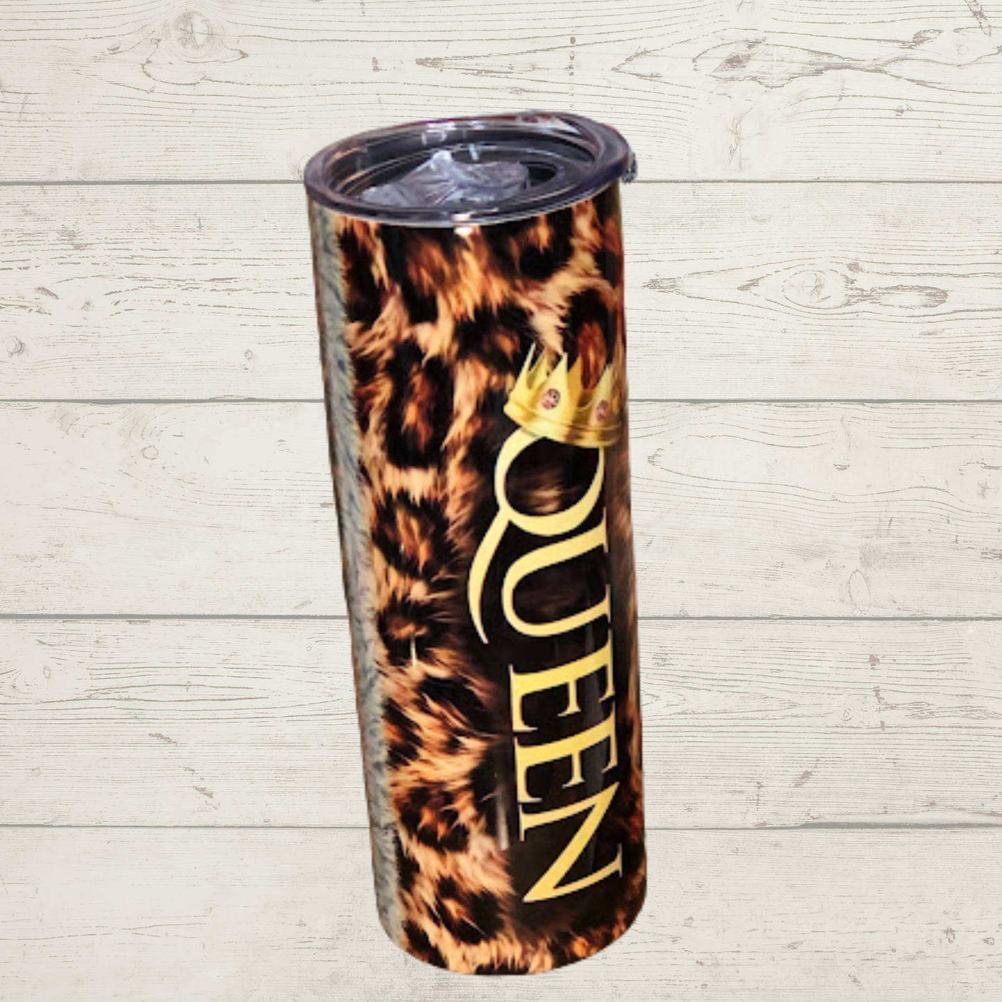  Leopard Print with Gold Queen (text) with Crown Vivid High Definition Image on A Quality 20 oz Tumbler/Mug/Cup with Lid and Stainless Reusable Straw